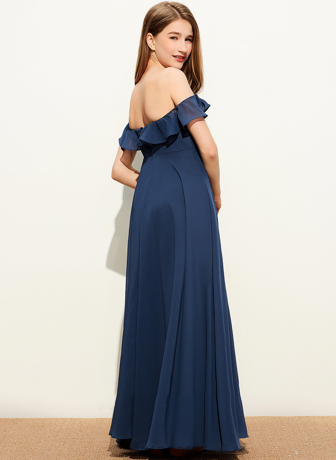 A-Line Junior Bridesmaid Dresses Nancy Chiffon Floor-Length Off-the-Shoulder