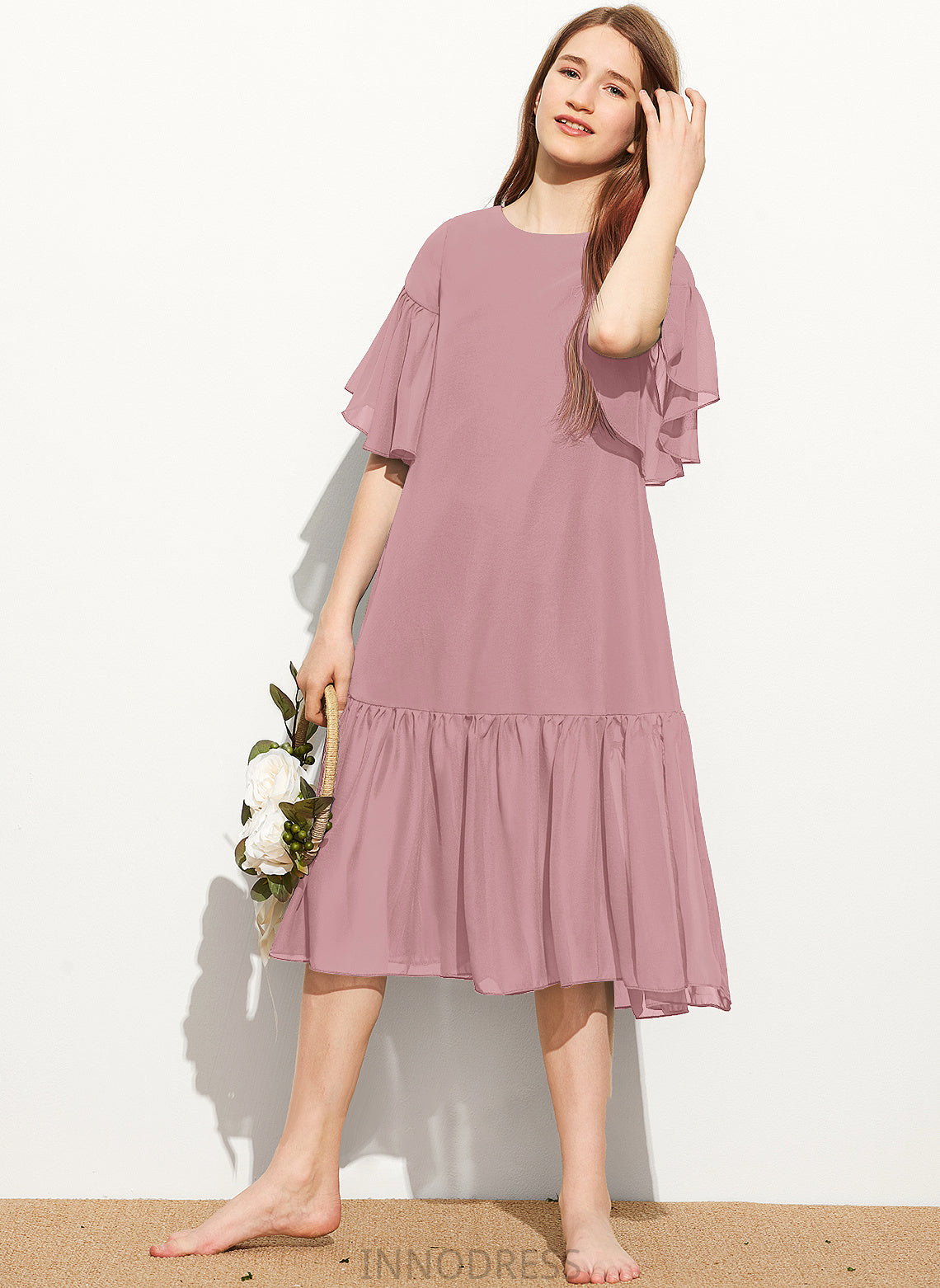 With Cascading A-Line Neck Knee-Length Kallie Scoop Chiffon Ruffles Junior Bridesmaid Dresses