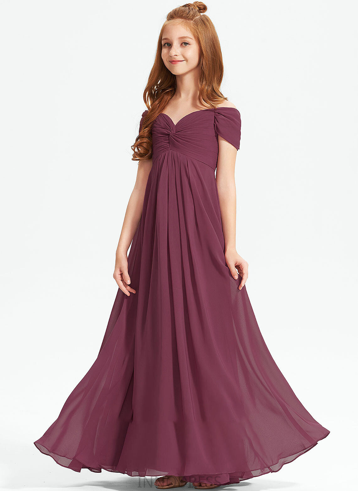 With Chiffon Grace A-Line Off-the-Shoulder Floor-Length Junior Bridesmaid Dresses Ruffle