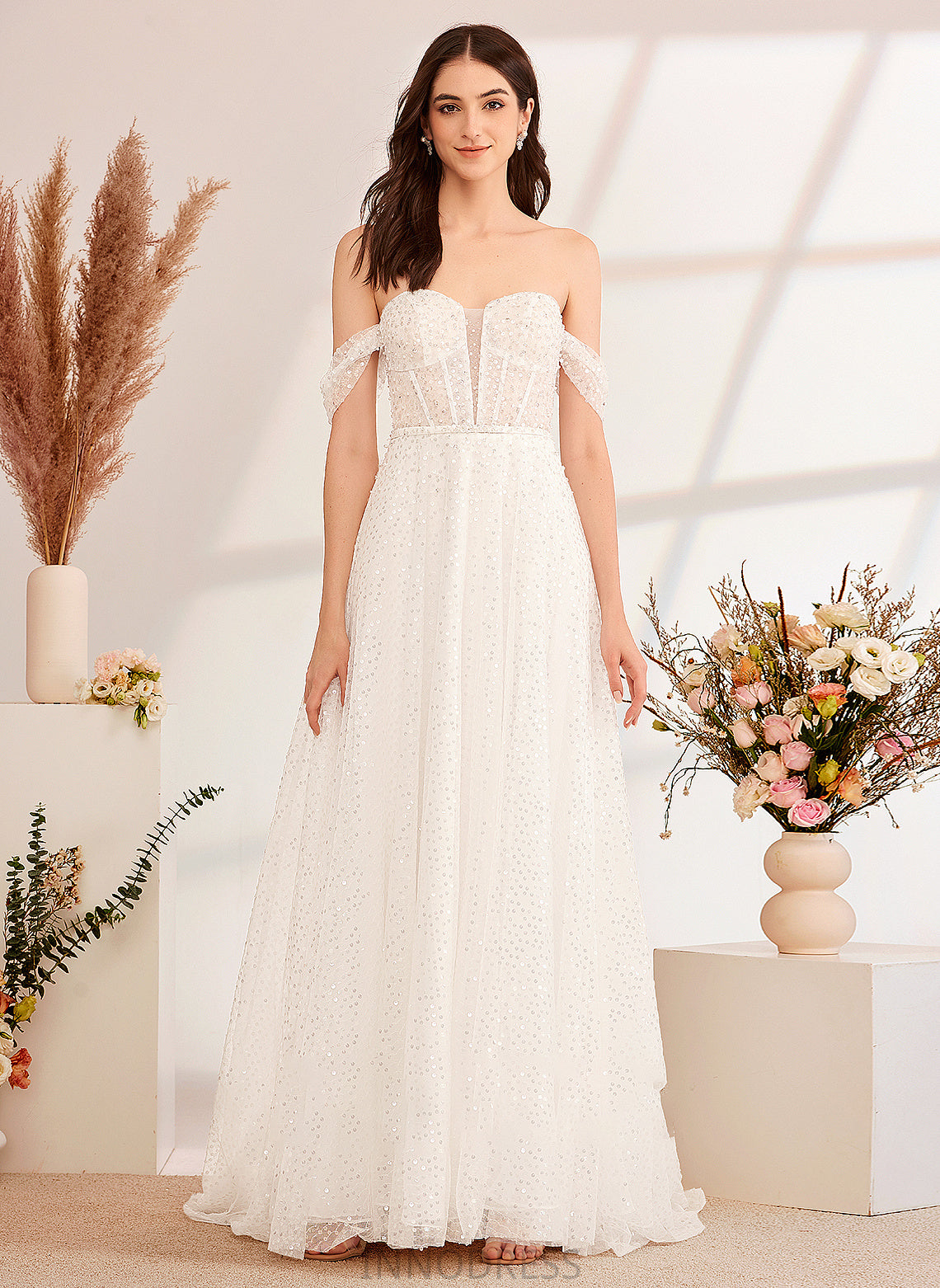 Clara A-Line Sequins Wedding Dresses Wedding Off-the-Shoulder Sweep Train With Dress