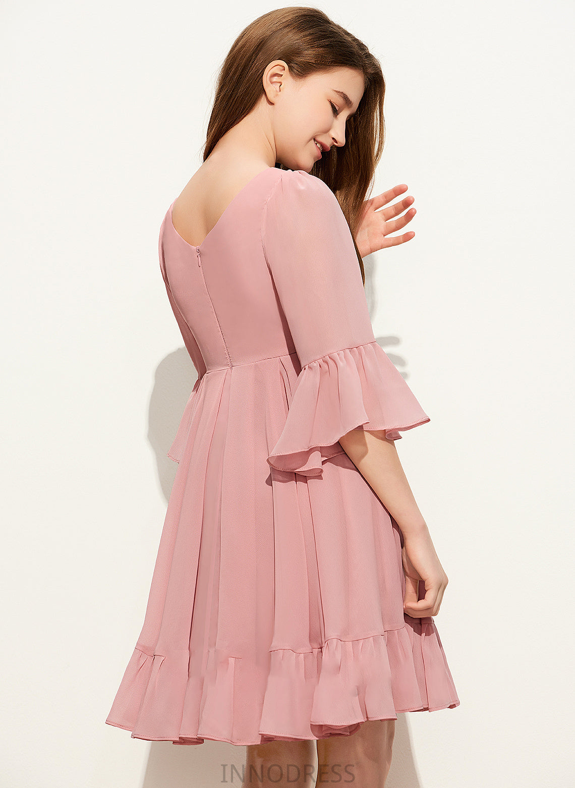 With Knee-Length Celia Junior Bridesmaid Dresses V-neck Chiffon Ruffles Cascading A-Line