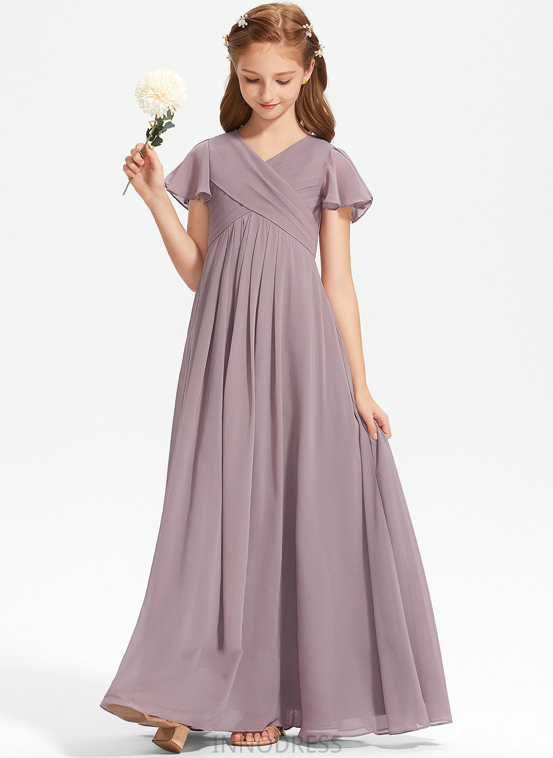 A-Line Floor-Length Chiffon With Bianca Ruffle V-neck Junior Bridesmaid Dresses