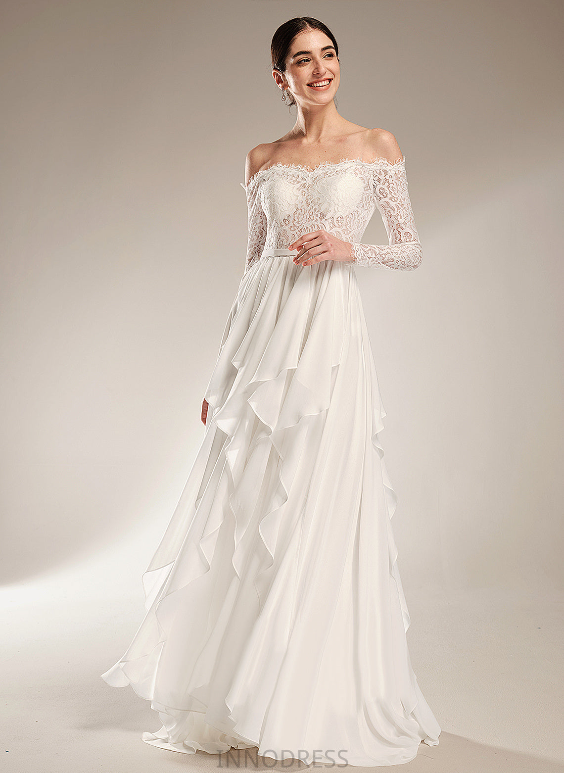 Wedding Dresses Court Off-the-Shoulder Dress Ruffle Lace Dominique With Train Chiffon A-Line Wedding