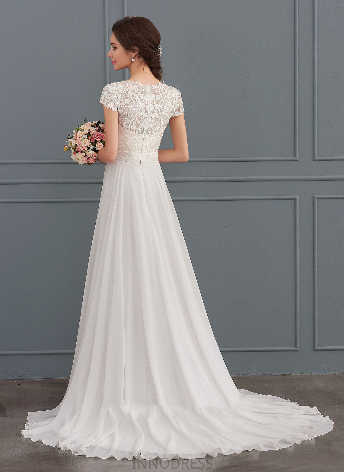 Ruffle Sweep Wedding Cassandra Dress Train V-neck A-Line Wedding Dresses With Lace Chiffon