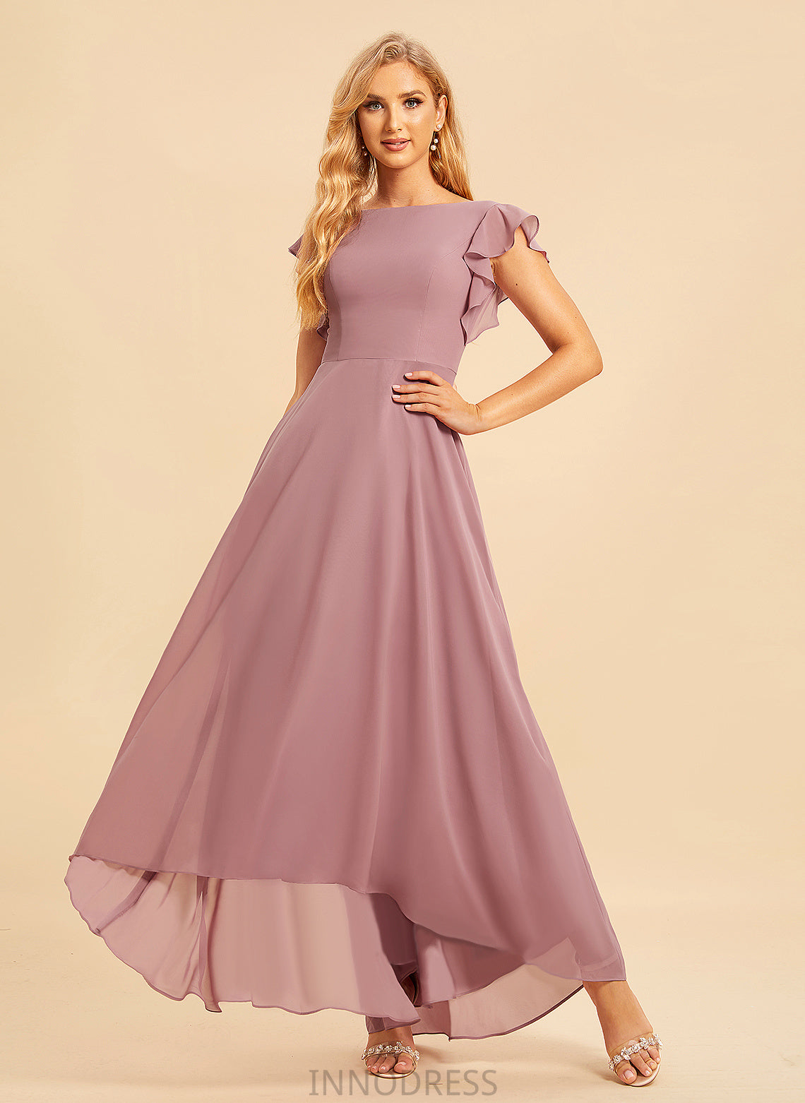 Ruffle Fabric Neckline ScoopNeck A-Line Length Embellishment Silhouette Asymmetrical Viola Floor Length Scoop Bridesmaid Dresses