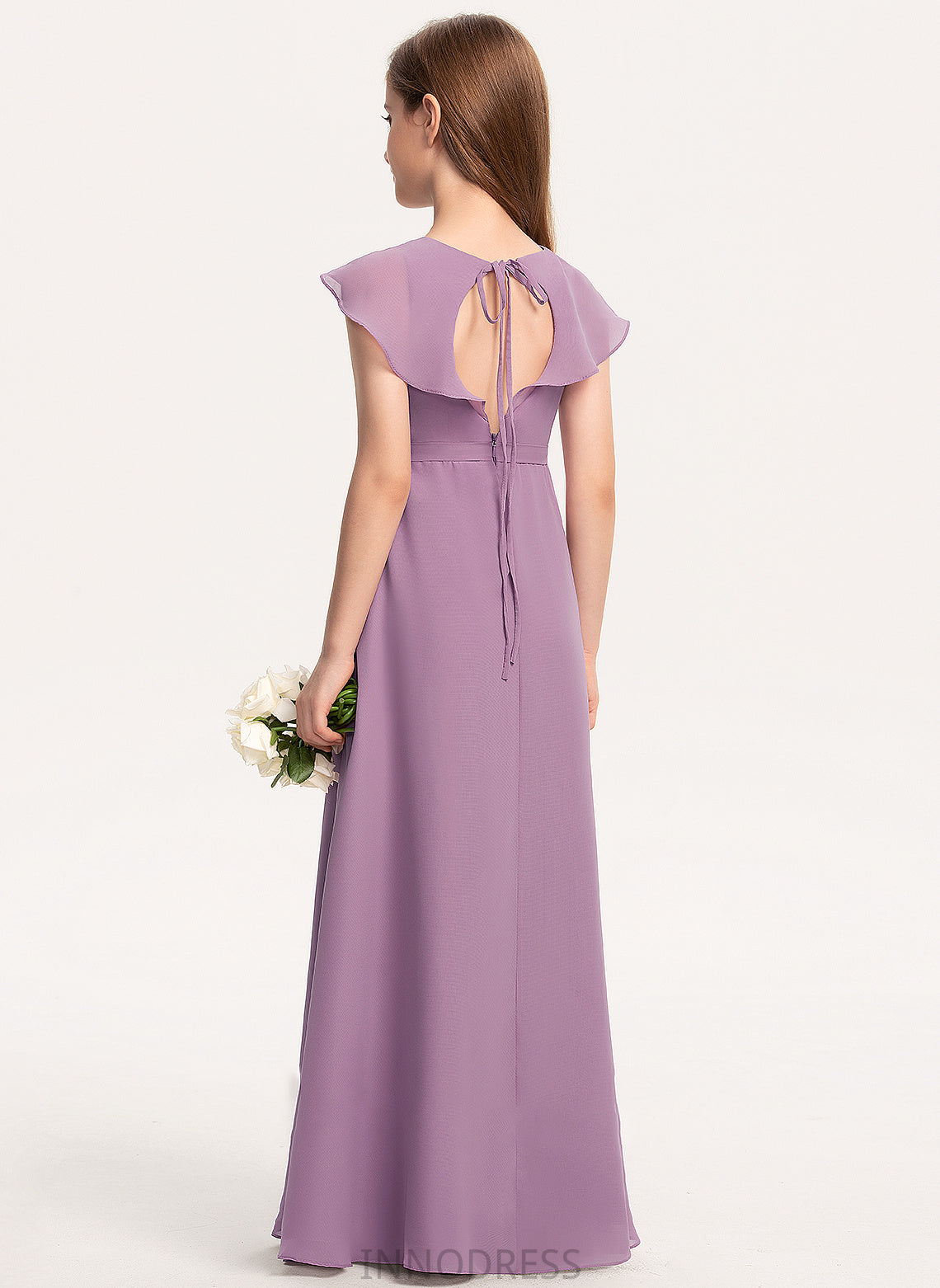 Ruffles A-Line Junior Bridesmaid Dresses Floor-Length With V-neck Bow(s) Molly Cascading Chiffon