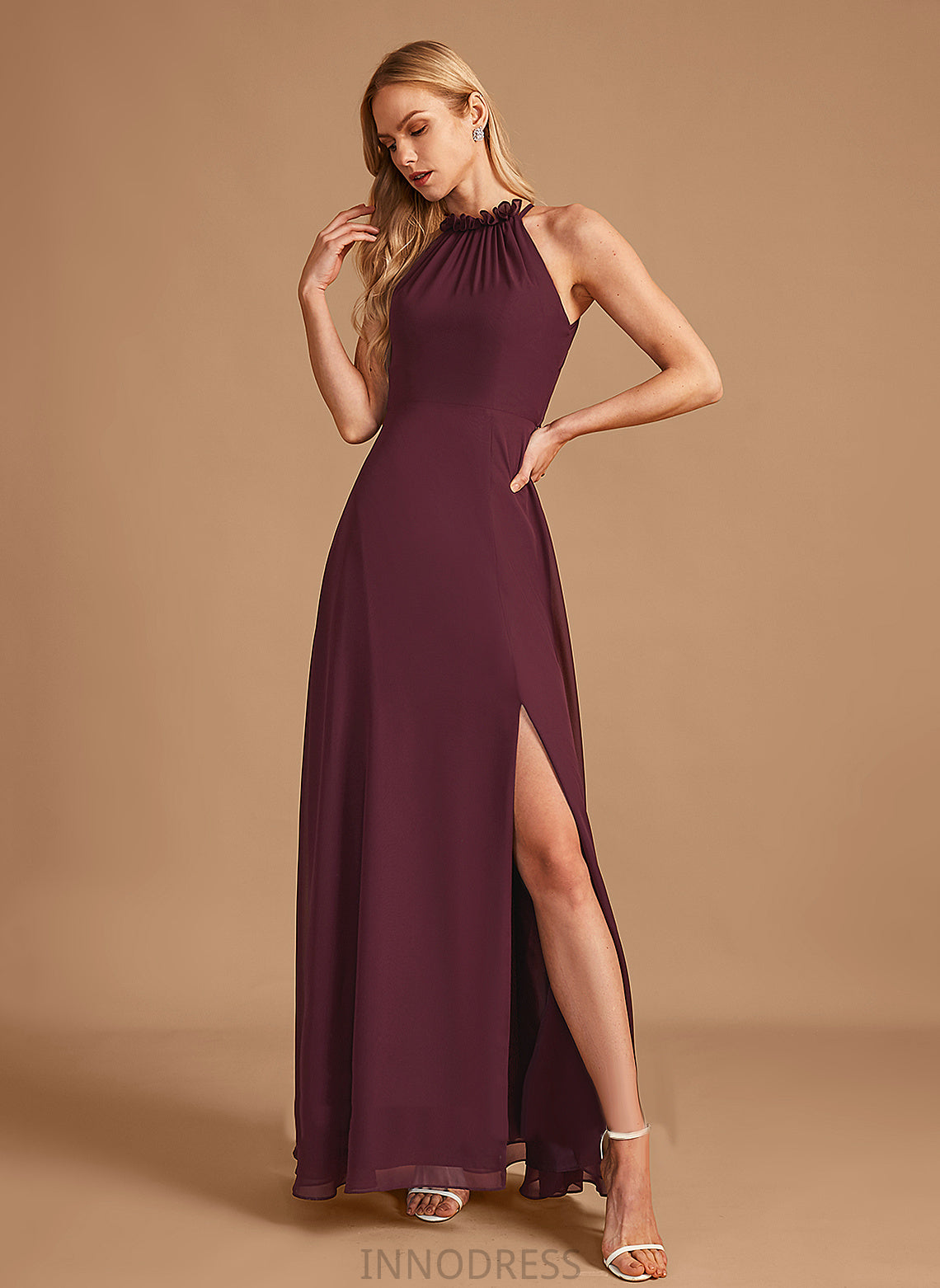 SplitFront Length Floor-Length Fabric HighNeck Silhouette A-Line Neckline Embellishment Mckayla Natural Waist A-Line/Princess Bridesmaid Dresses