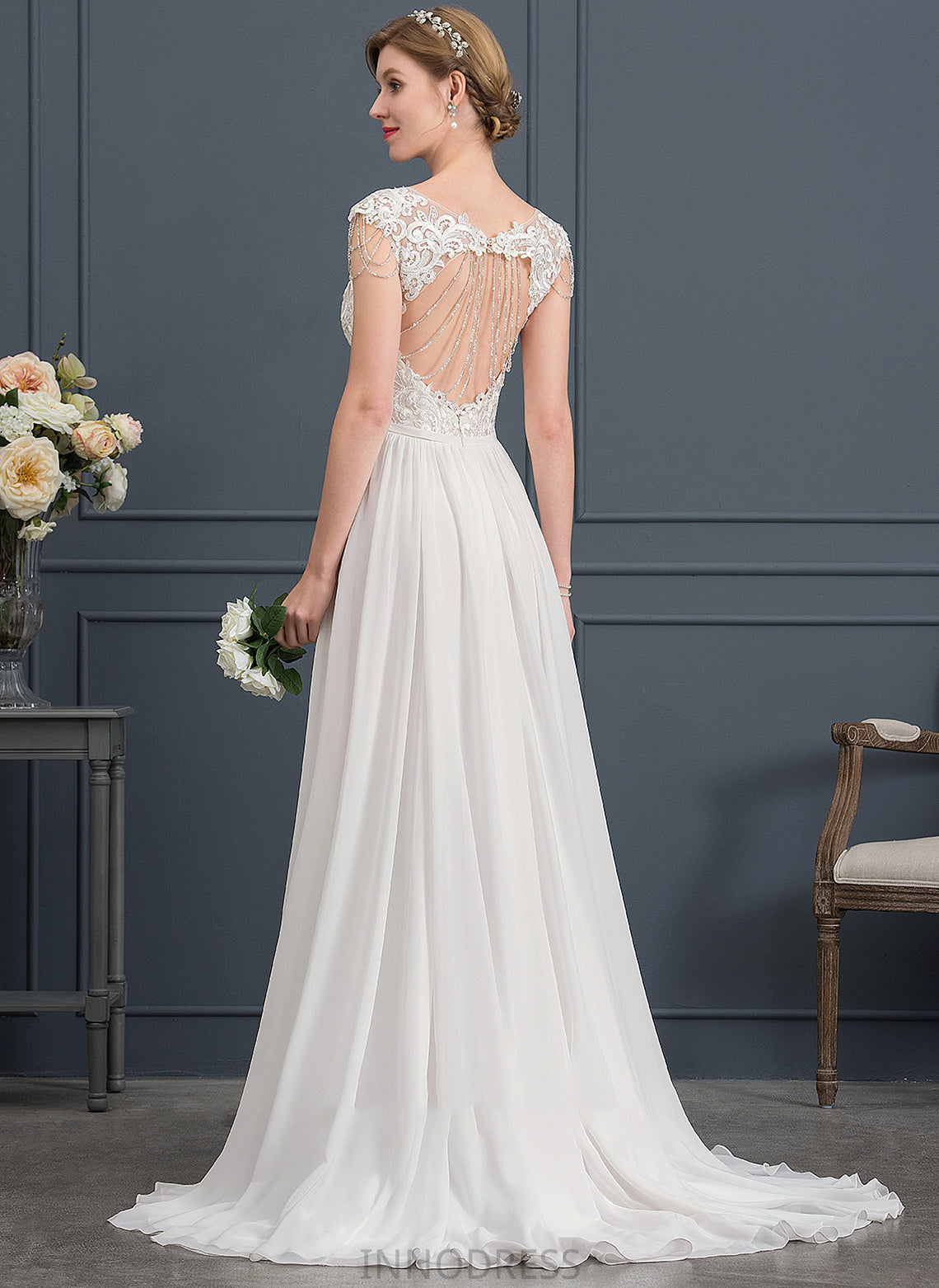 Sequins Wedding Dresses Beading V-neck Sweep Dress A-Line Chiffon With Jayla Wedding Train