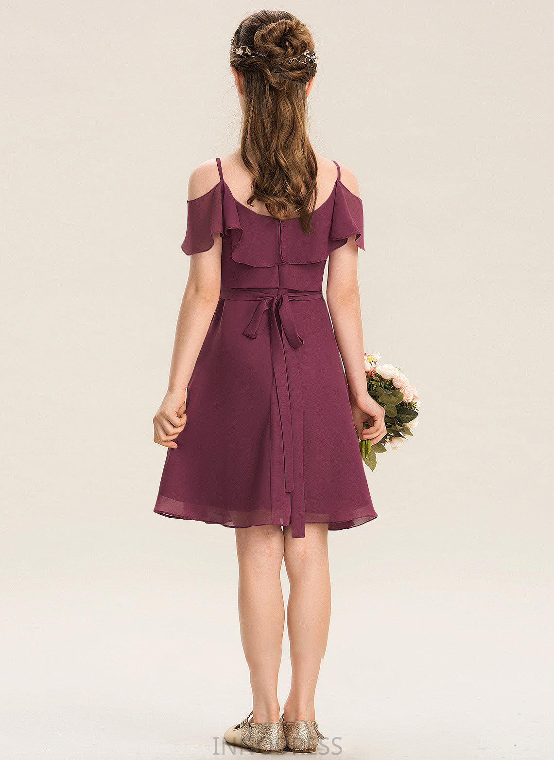 With Chiffon Junior Bridesmaid Dresses Kinsley Knee-Length A-Line Bow(s) Cascading Ruffles Off-the-Shoulder