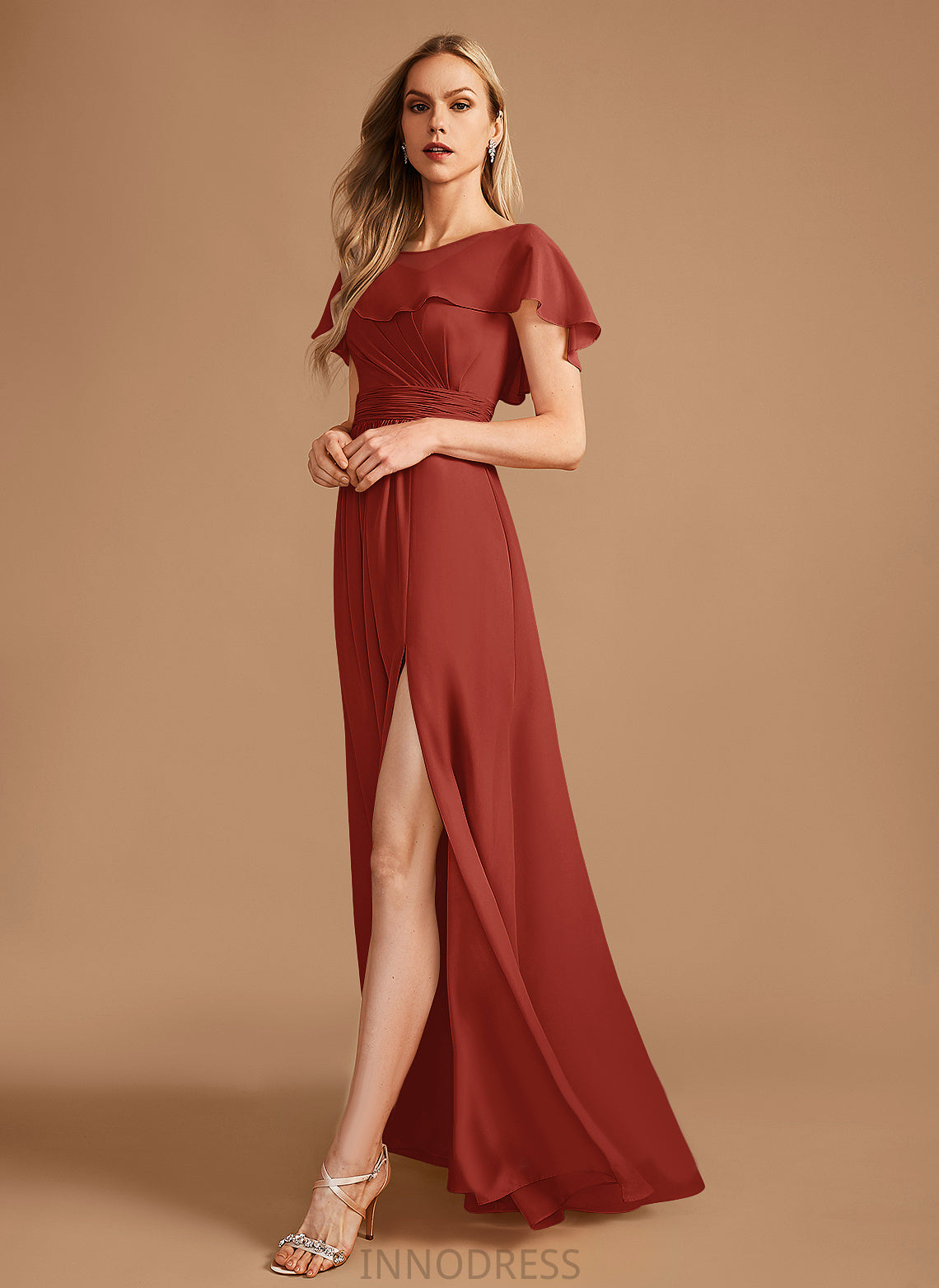 Fabric Neckline Floor-Length SplitFront Embellishment A-Line HighNeck Silhouette Ruffle Length Makena V-Neck Bridesmaid Dresses