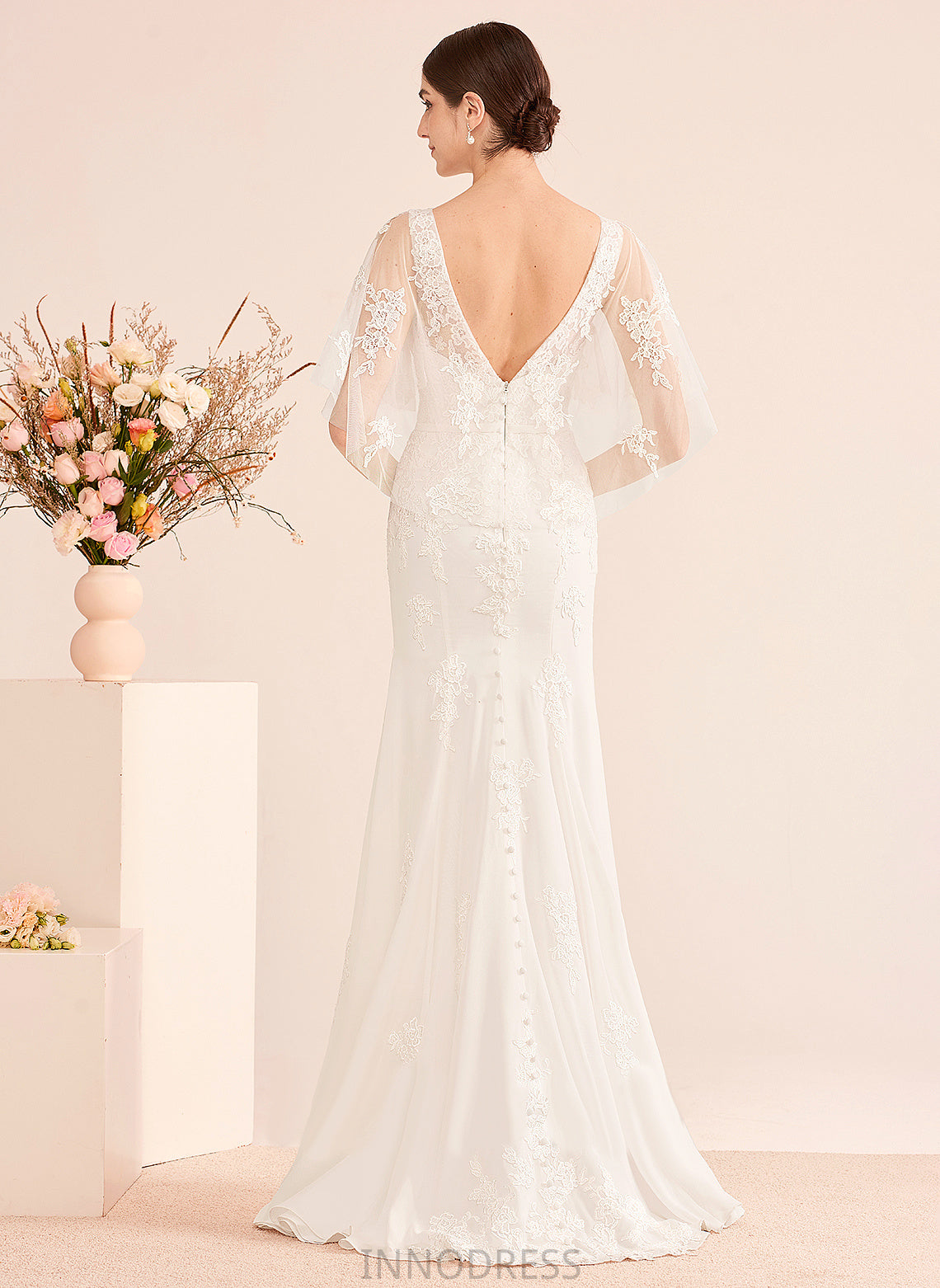 Azaria Wedding Lace V-neck Wedding Dresses Trumpet/Mermaid Dress With Sash Court Chiffon Train