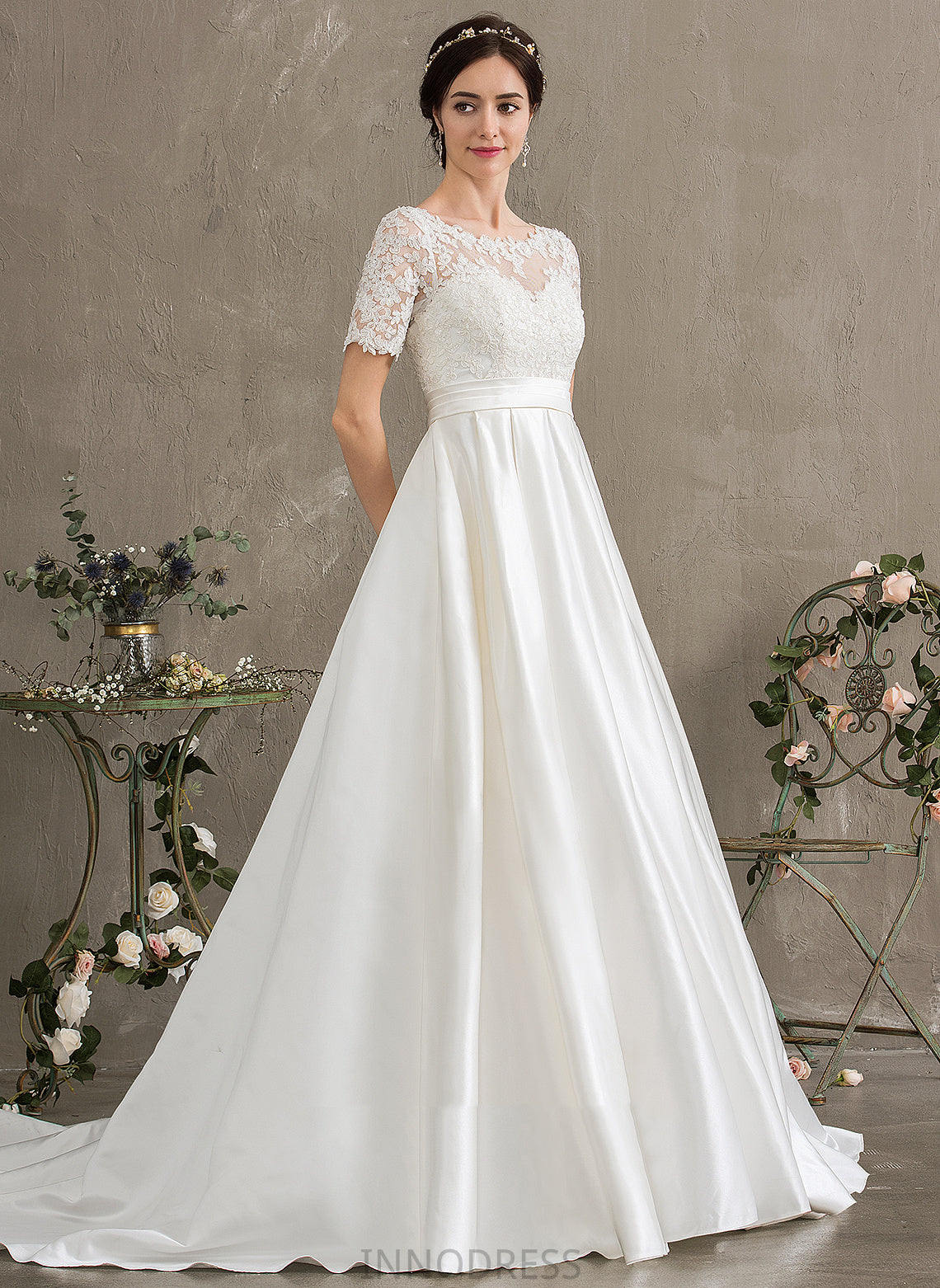 Satin Ball-Gown/Princess With Train Sequins Lace Dress Beading Pockets Cora Court Wedding Dresses Wedding