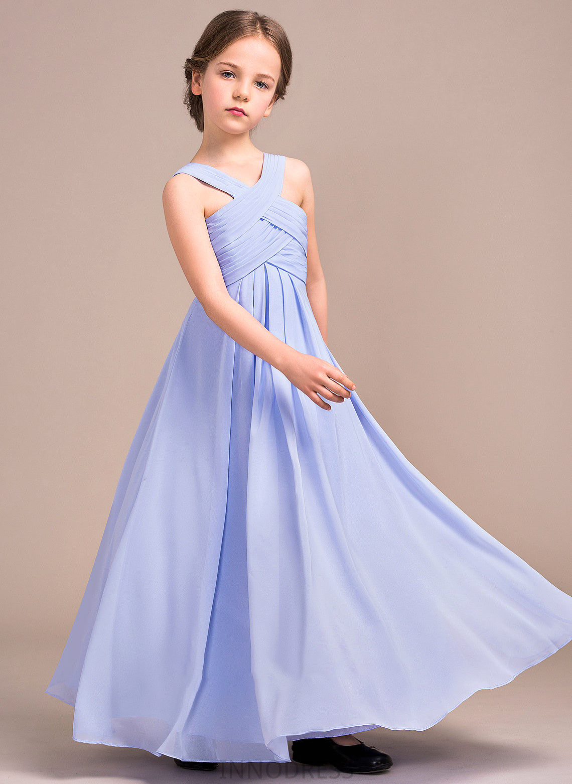 V-neck A-Line Chiffon Junior Bridesmaid Dresses Floor-Length Jaslene Ruffle With