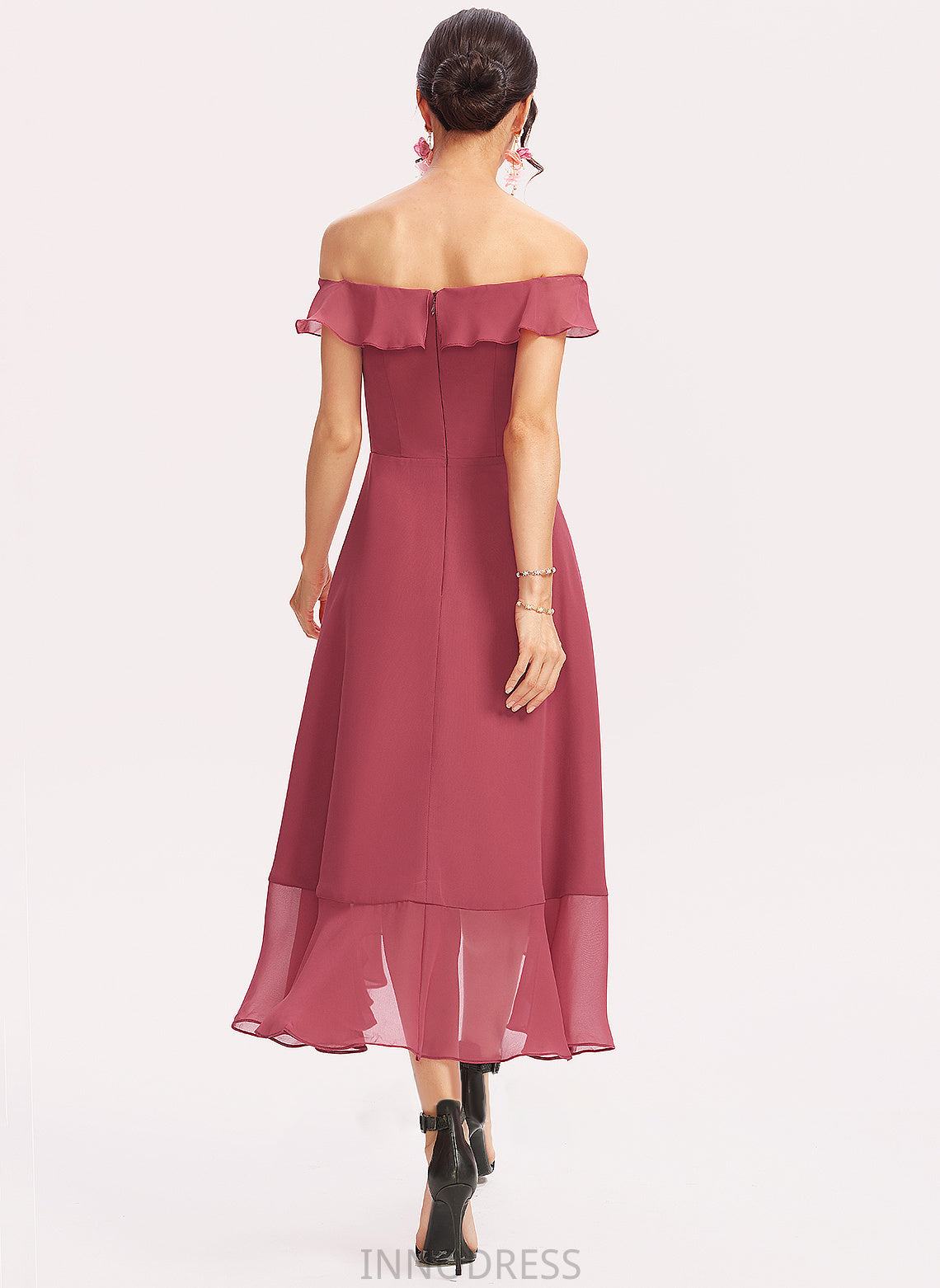 CascadingRuffles Silhouette Neckline Length Off-the-Shoulder Embellishment A-Line Fabric Tea-Length Teagan Sequins Natural Waist Bridesmaid Dresses