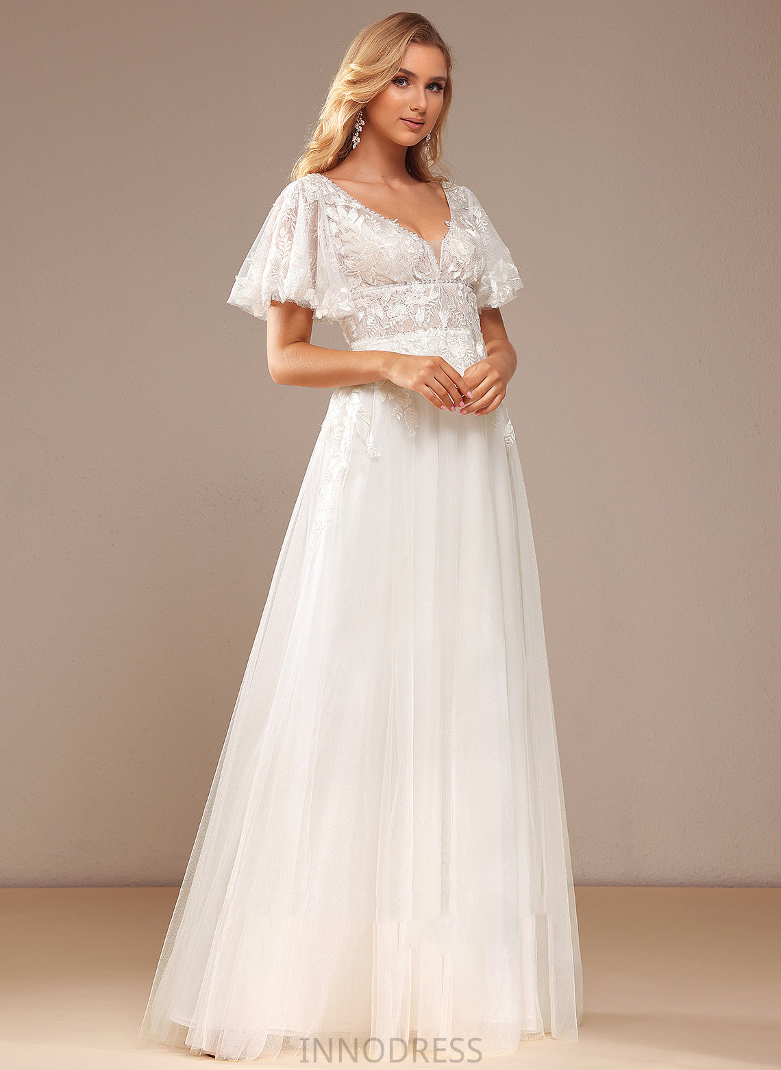 Sequins A-Line With Floor-Length Reese Dress Wedding Dresses Lace Wedding Beading Lace Tulle V-neck