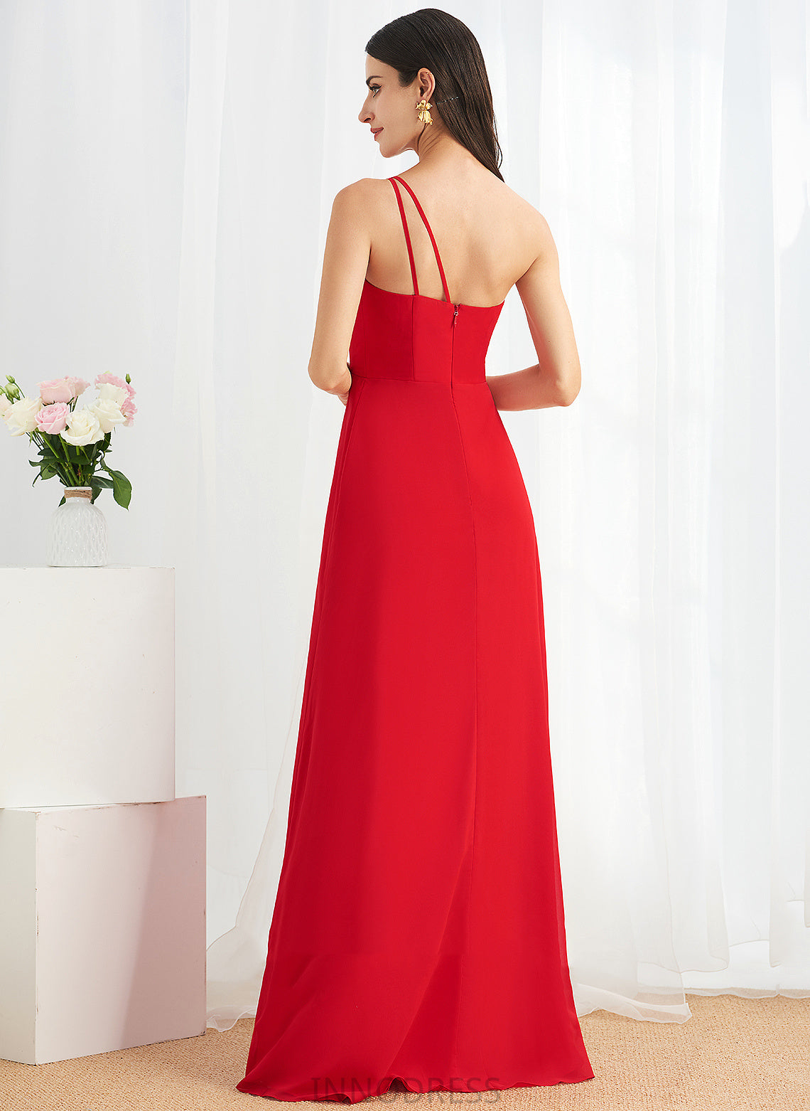 Silhouette Floor-Length SplitFront Fabric Embellishment One-Shoulder A-Line Neckline Ruffle Length Anabelle Sleeveless Bridesmaid Dresses