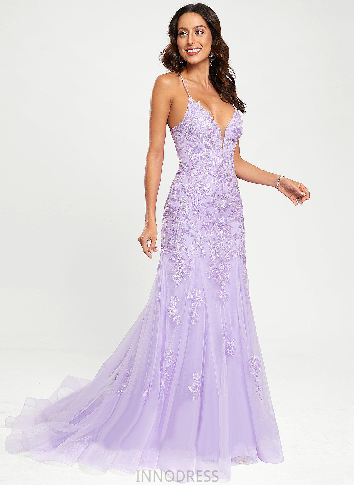 With Train Sweep Prom Dresses Lace V-neck Trumpet/Mermaid Jaylynn Sequins Tulle