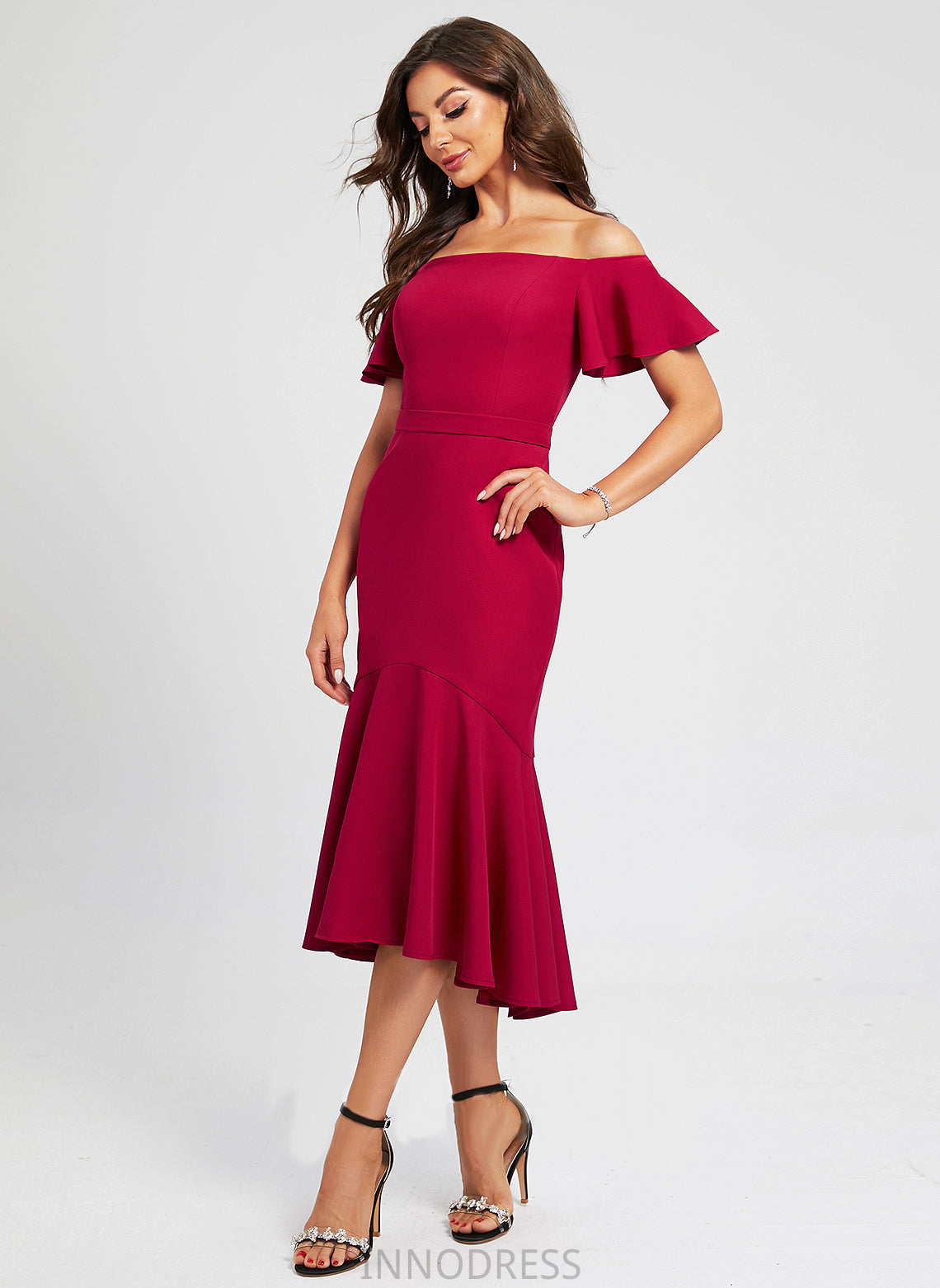 Off-the-Shoulder With Stretch Trumpet/Mermaid Asymmetrical Cocktail Crepe Ruffle Janae Cocktail Dresses Dress