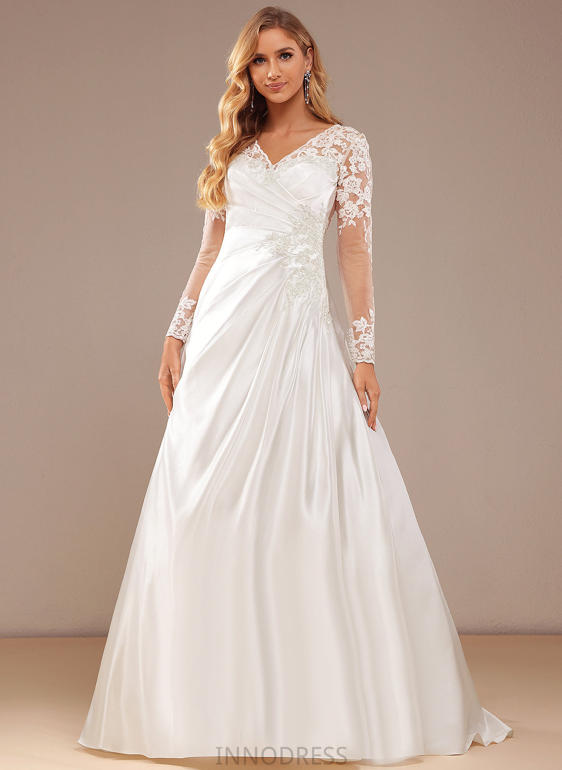 Wedding Court V-neck Satin Lace Wedding Dresses Lillie A-Line Train Lace Dress Sequins With