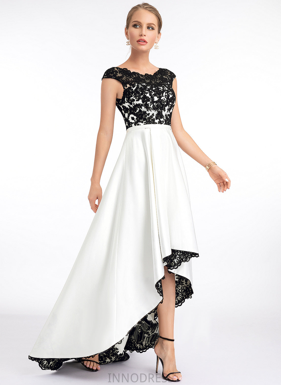 A-Line Asymmetrical Giuliana Lace Satin Wedding Wedding Dresses Scoop Illusion Dress