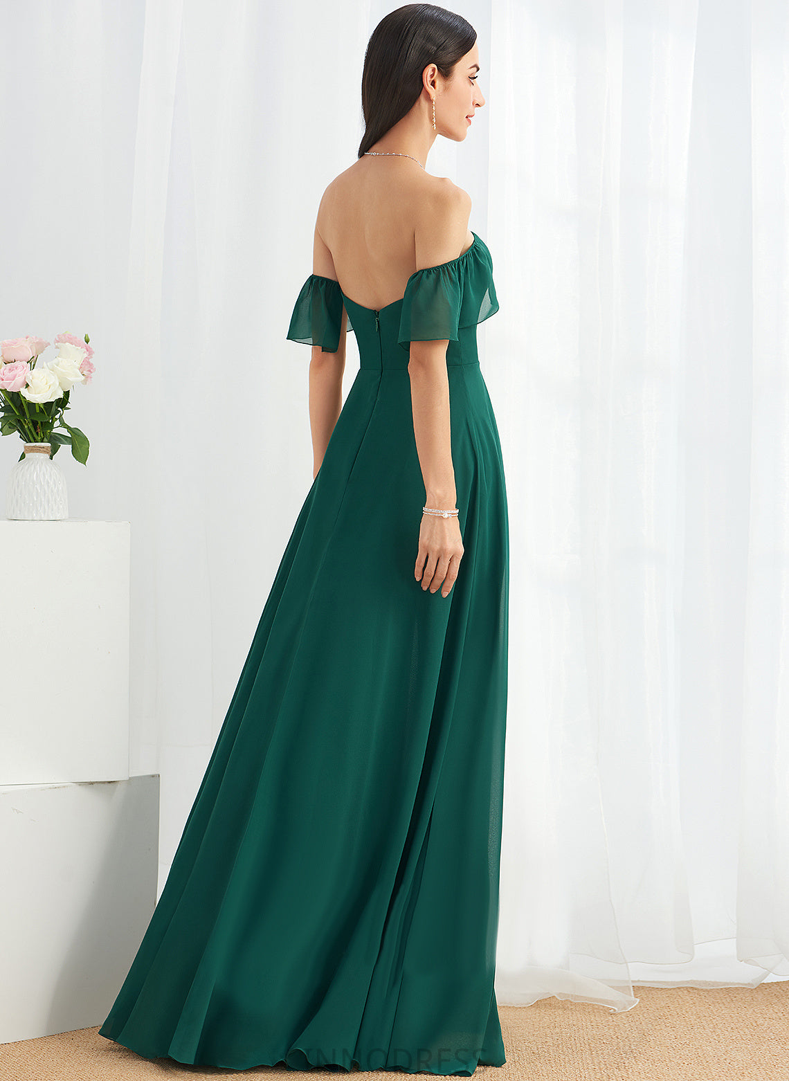 Fabric Neckline Silhouette Length Off-the-Shoulder SplitFront Embellishment Floor-Length A-Line Novia Sleeveless Scoop Bridesmaid Dresses