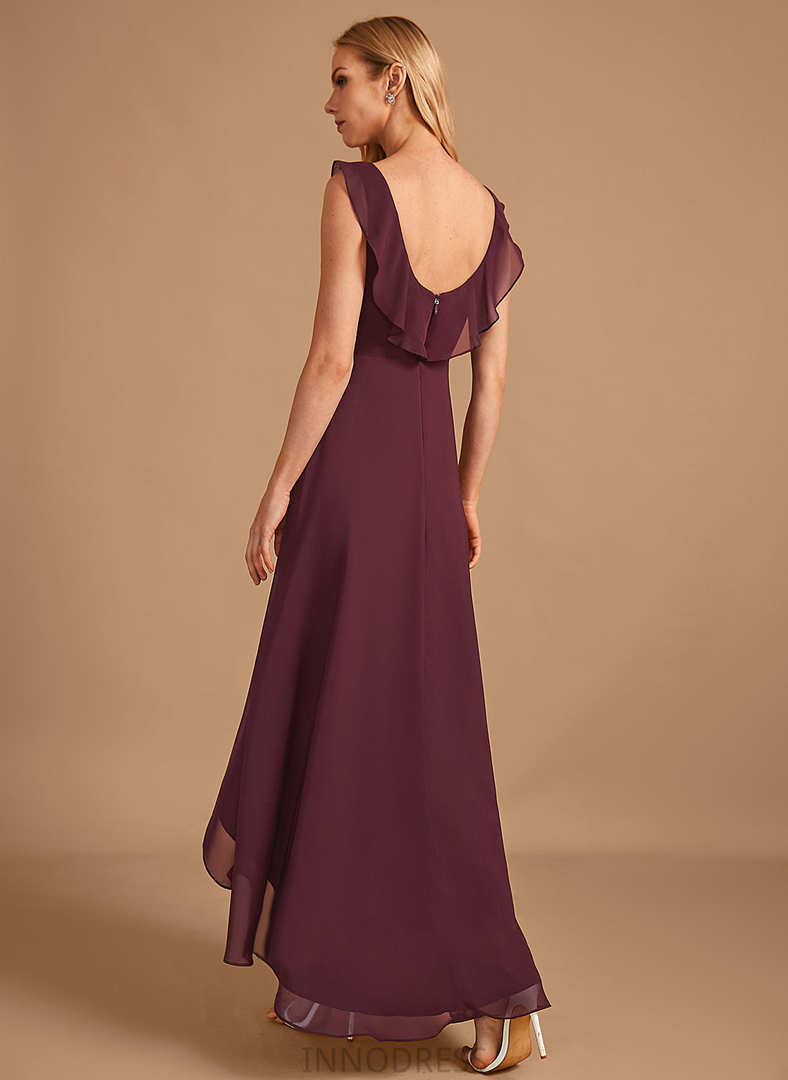 Length Neckline A-Line Silhouette V-neck Fabric Ruffle Embellishment Asymmetrical Kali Floor Length Sleeveless Bridesmaid Dresses