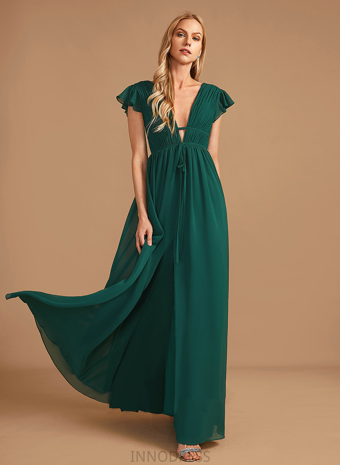 Neckline Floor-Length Silhouette Fabric Length Embellishment SplitFront A-Line V-neck Persis Sleeveless Spaghetti Staps Bridesmaid Dresses