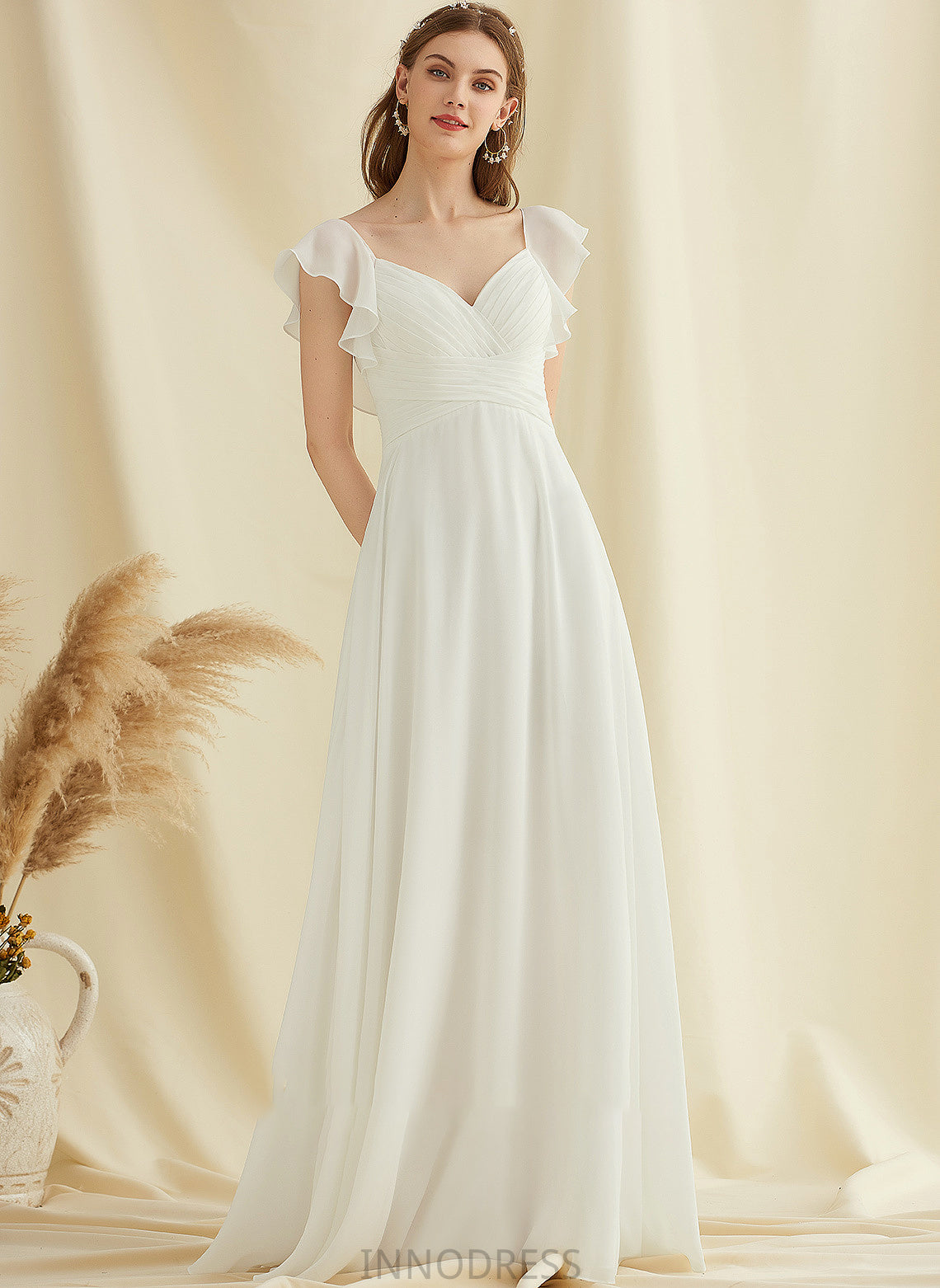 With Wedding Dresses Tatiana Floor-Length Ruffle Chiffon A-Line V-neck Wedding Dress