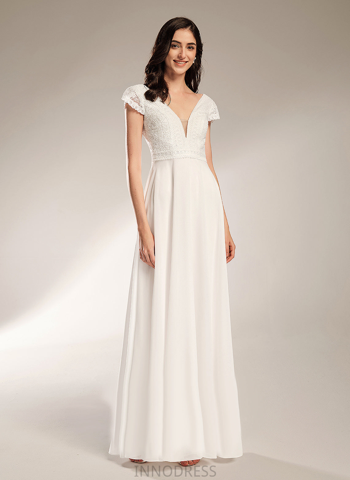 Wedding Dresses V-neck Dress Floor-Length Wedding Chiffon Lace A-Line Juliana