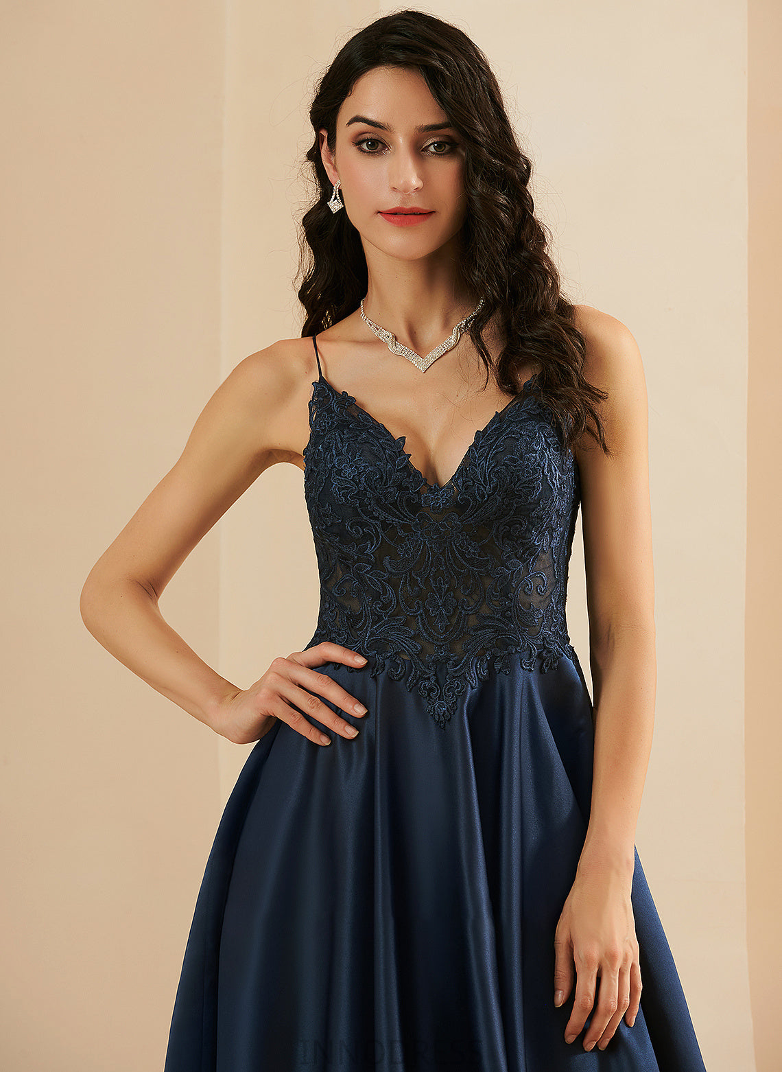 Satin Floor-Length Breanna A-Line Prom Dresses With V-neck Lace