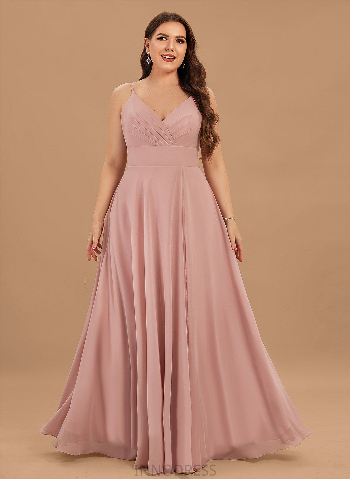 Neckline Embellishment Fabric Pleated Floor-Length Length Silhouette A-Line V-neck India Spaghetti Staps Natural Waist Bridesmaid Dresses