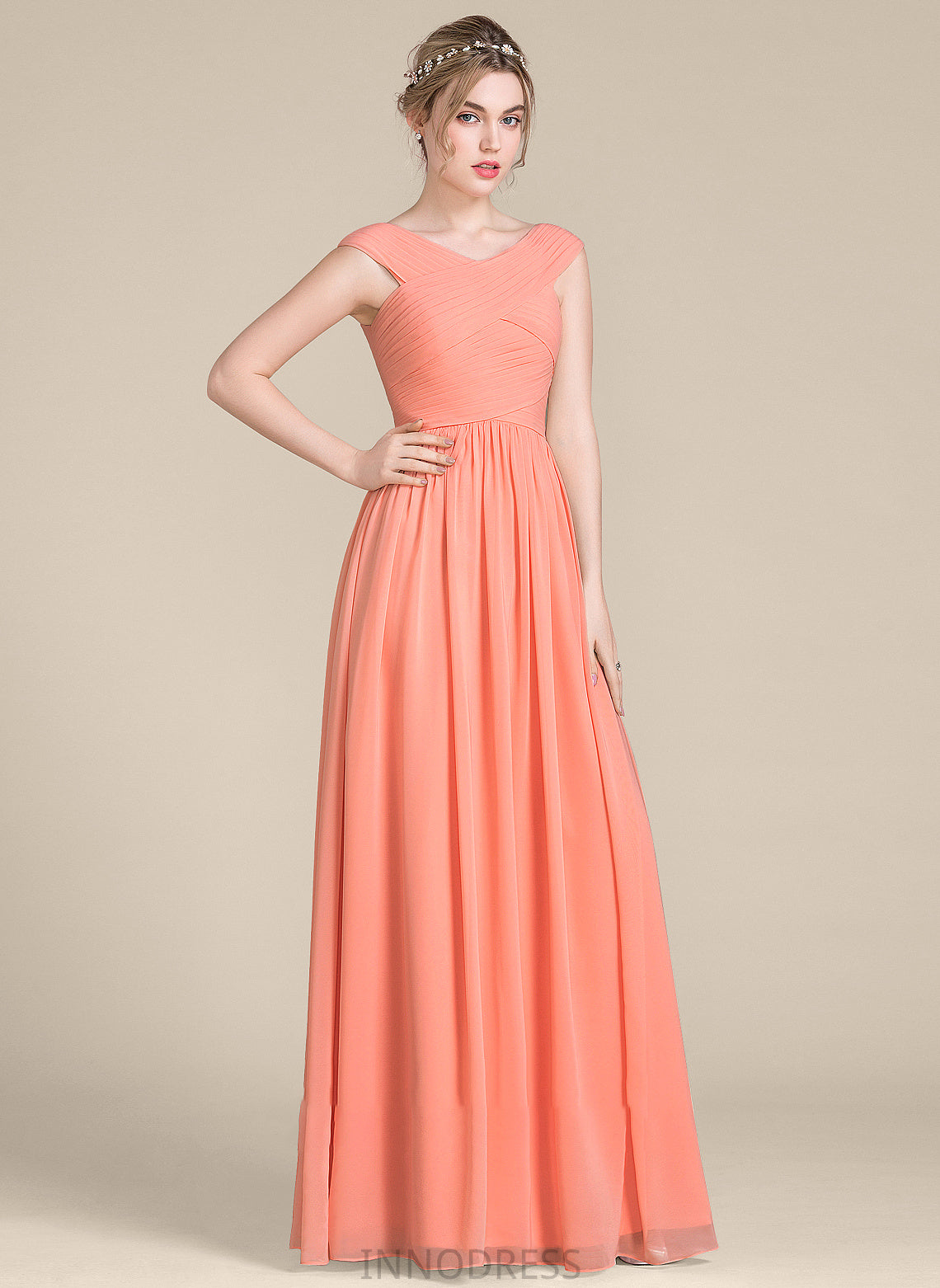 V-neck Chiffon Prom Dresses With Ruffle Ball-Gown/Princess Ryan Floor-Length