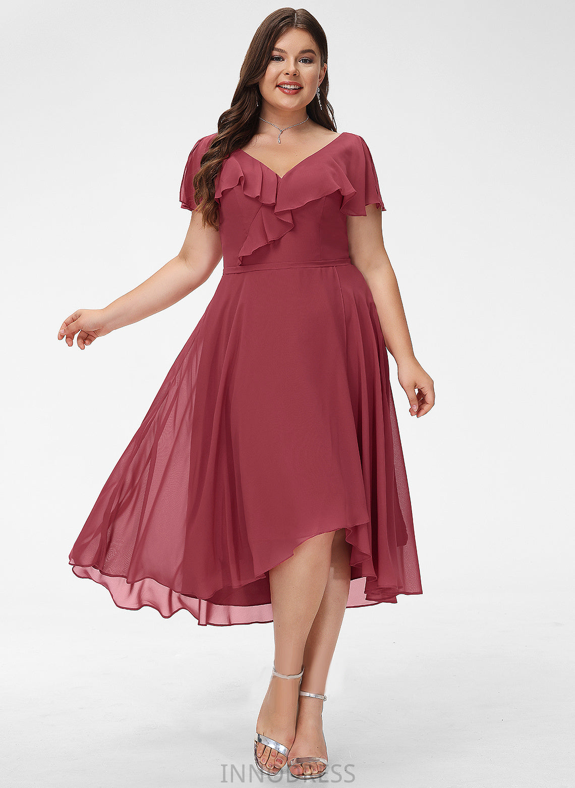 Length Neckline Asymmetrical Fabric A-Line Ruffle Silhouette V-neck Embellishment Anabella Sleeveless Floor Length Bridesmaid Dresses