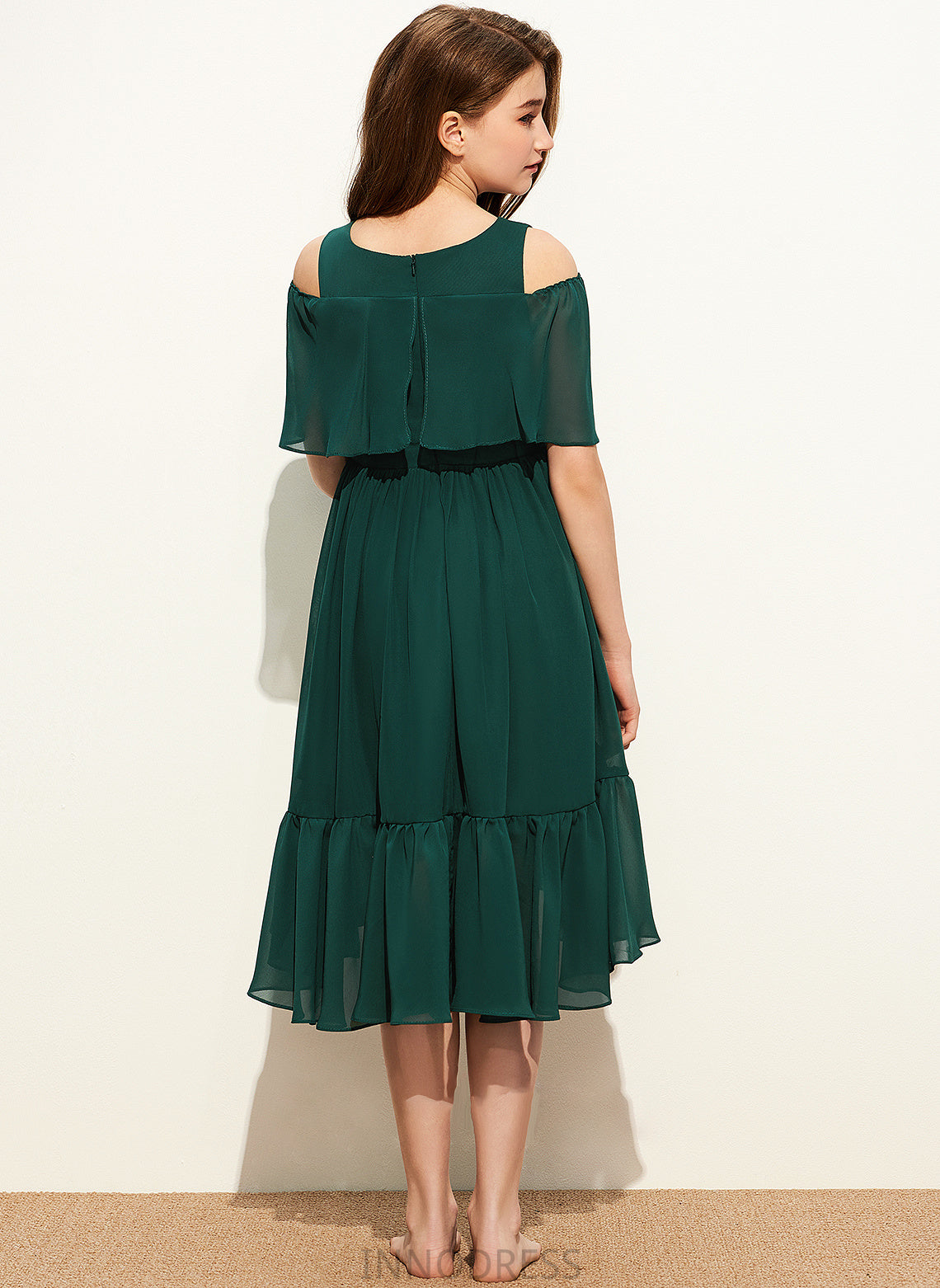 Cascading With Scoop Ruffles Neck Chiffon Asymmetrical Kaylin Junior Bridesmaid Dresses A-Line