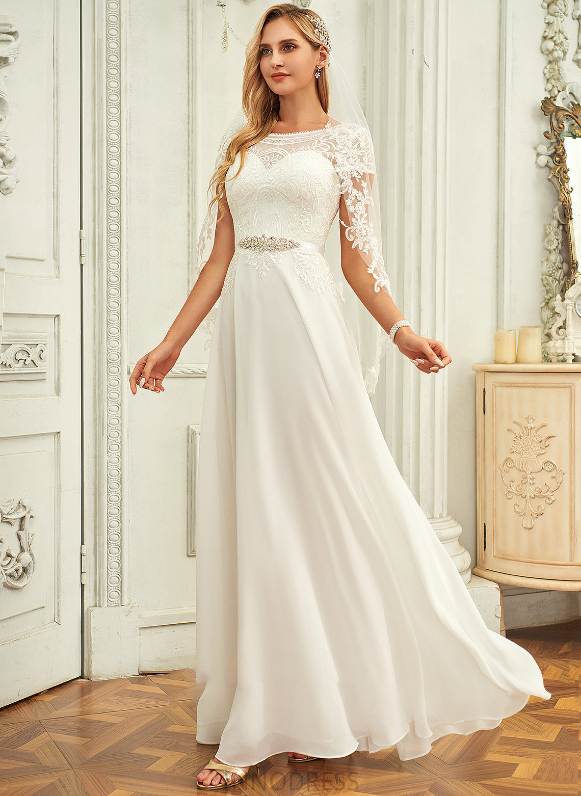 Elizabeth Sequins Neck Floor-Length Chiffon Wedding Dress With A-Line Lace Scoop Wedding Dresses