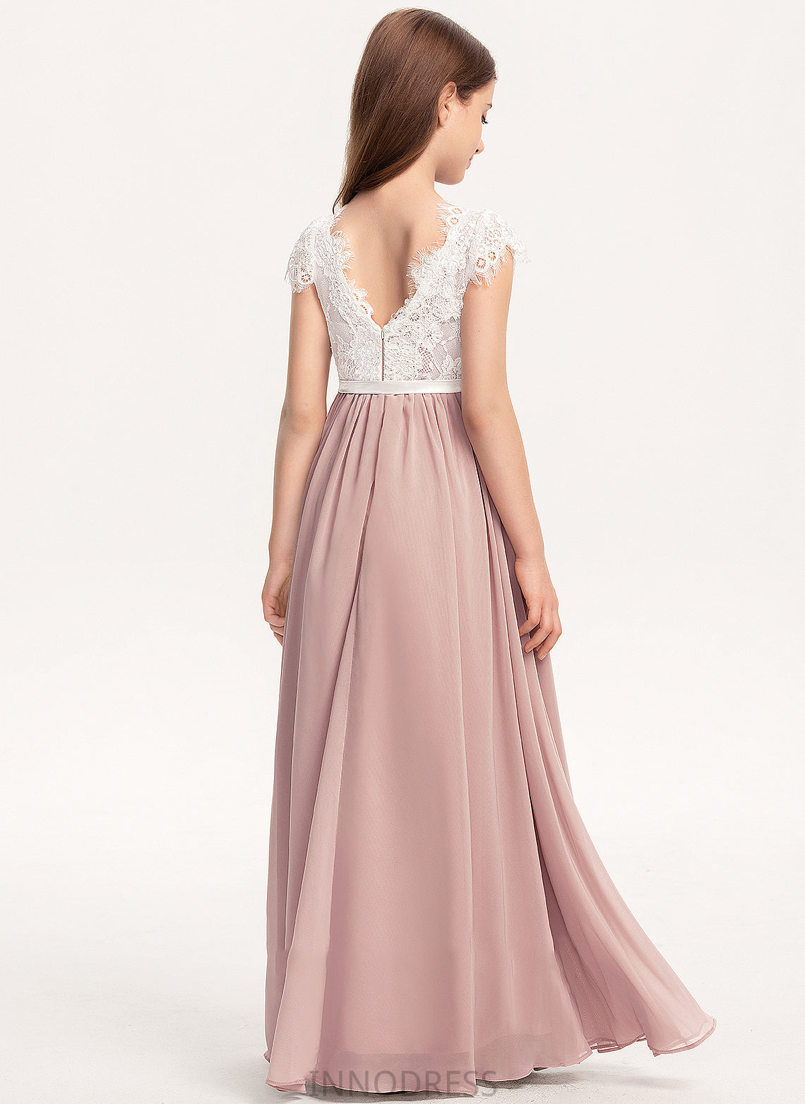 Chasity A-Line Chiffon Lace Bow(s) Floor-Length Scoop Neck With Junior Bridesmaid Dresses