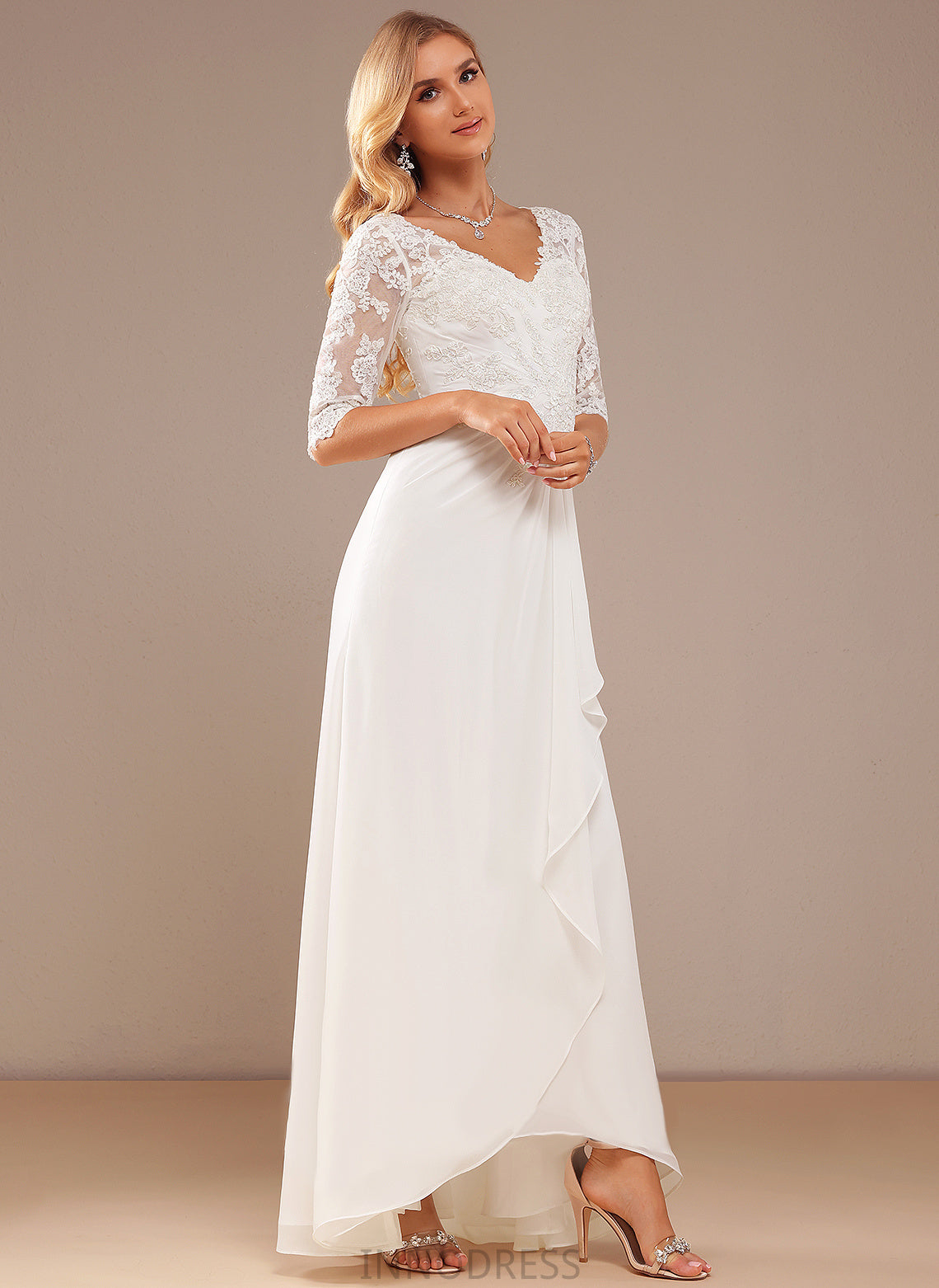 Ruffle Chiffon Wedding Dresses Asymmetrical A-Line Olga Lace With Wedding Dress V-neck