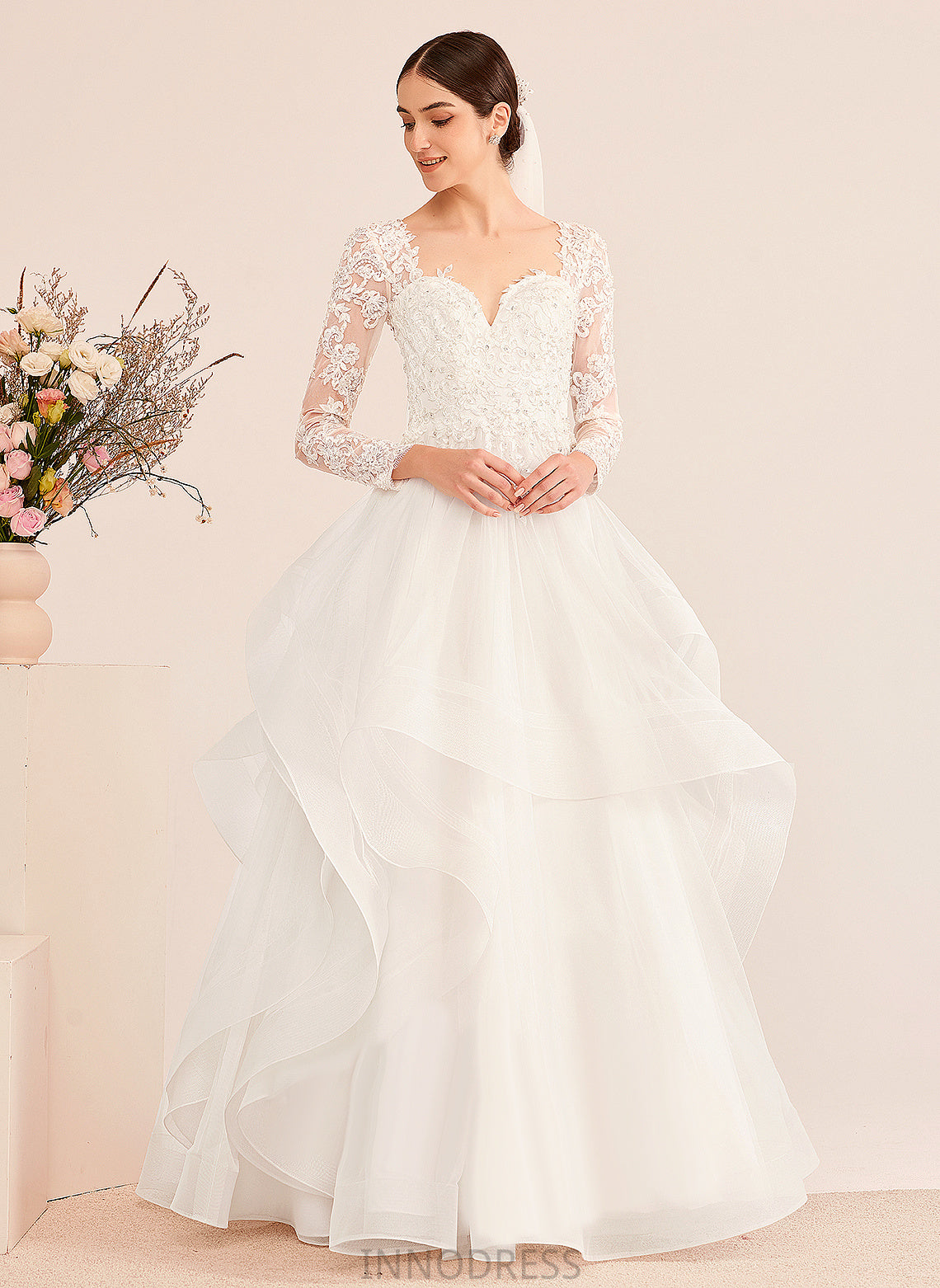 Wedding With Natasha V-neck Sequins Dress Lace Floor-Length Beading Tulle Ball-Gown/Princess Wedding Dresses