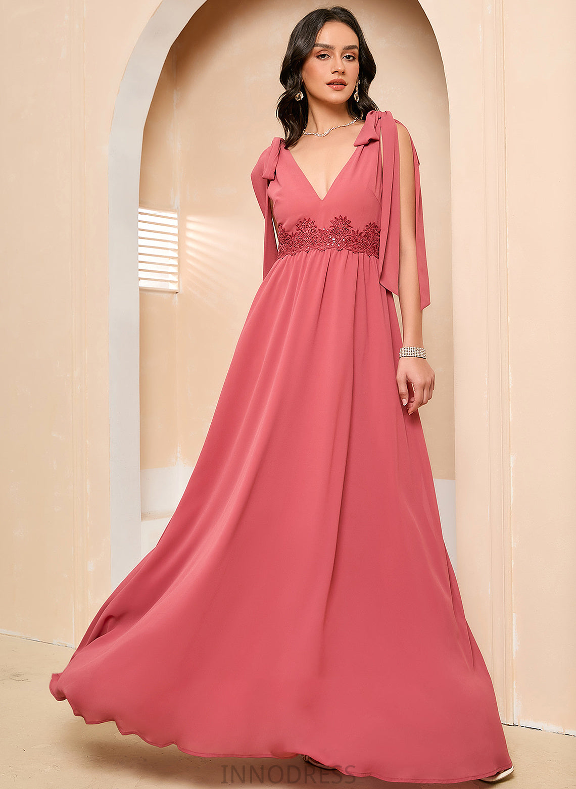 V-neck Prom Dresses A-Line With Bow(s) Myla Ankle-Length