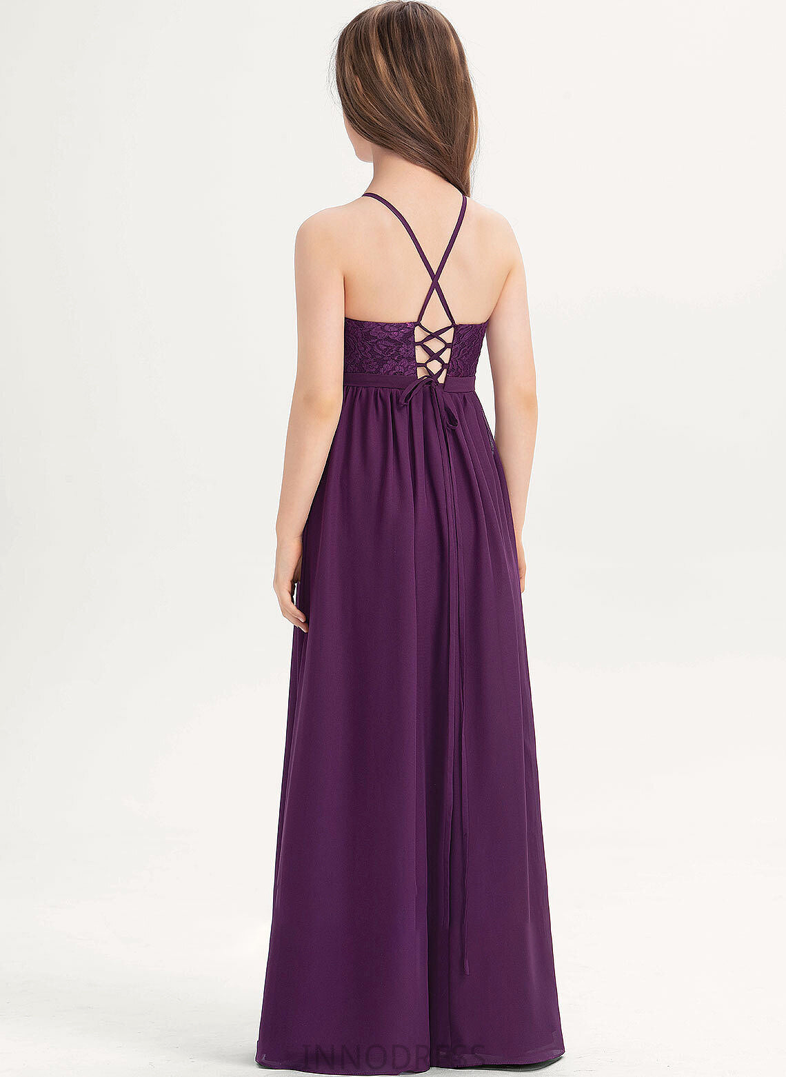 A-Line Chiffon Lace Raven With Floor-Length Square Junior Bridesmaid Dresses Neckline Bow(s)