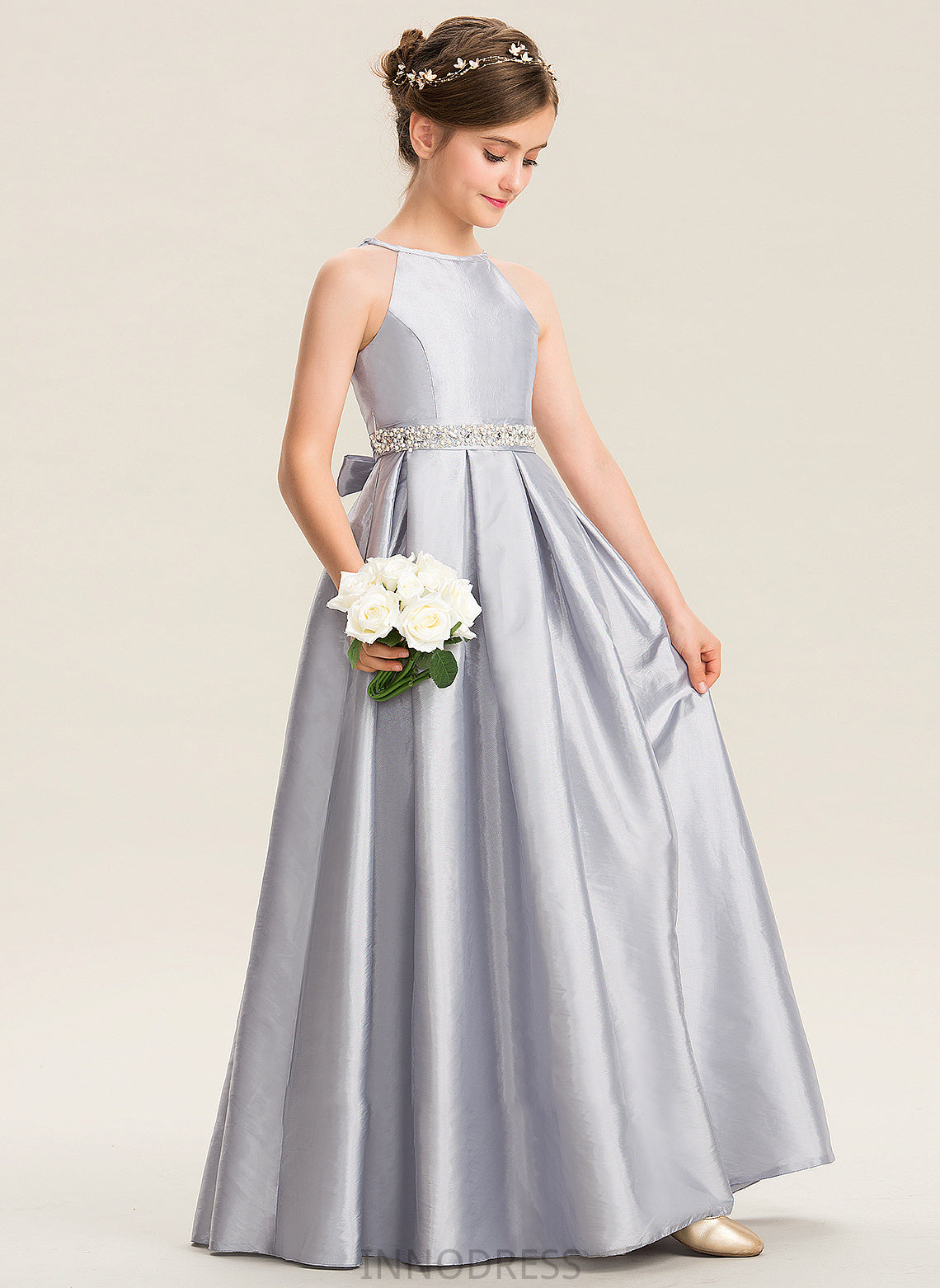 Bow(s) Scoop With Floor-Length Neck Beading A-Line Karley Junior Bridesmaid Dresses Taffeta