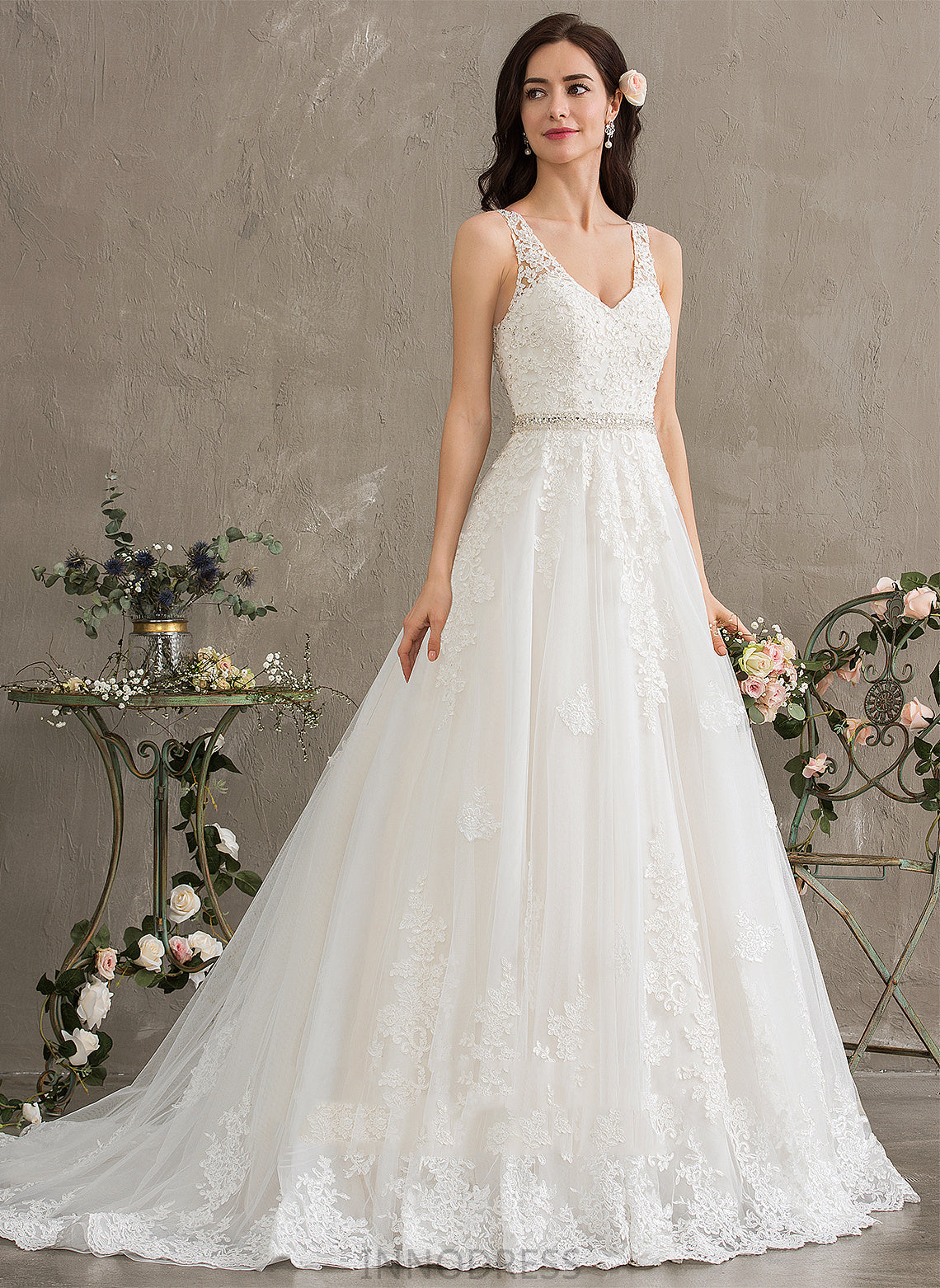 Beading Ball-Gown/Princess Lace With Tulle V-neck Wedding Train Court Dress Sequins Wedding Dresses Jasmine