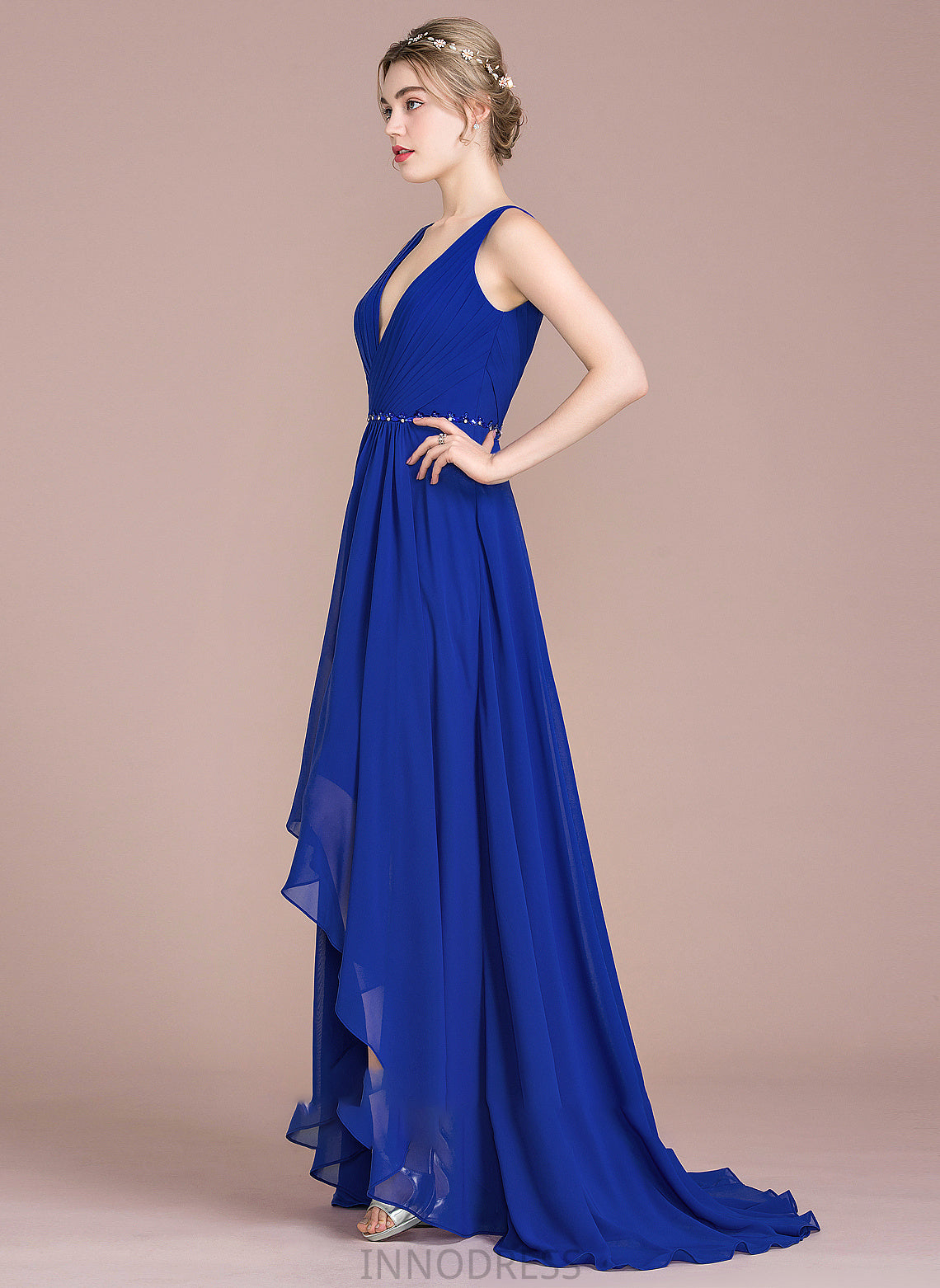 With Prom Dresses A-Line Asymmetrical Beading Sequins Chiffon Lydia V-neck Ruffle