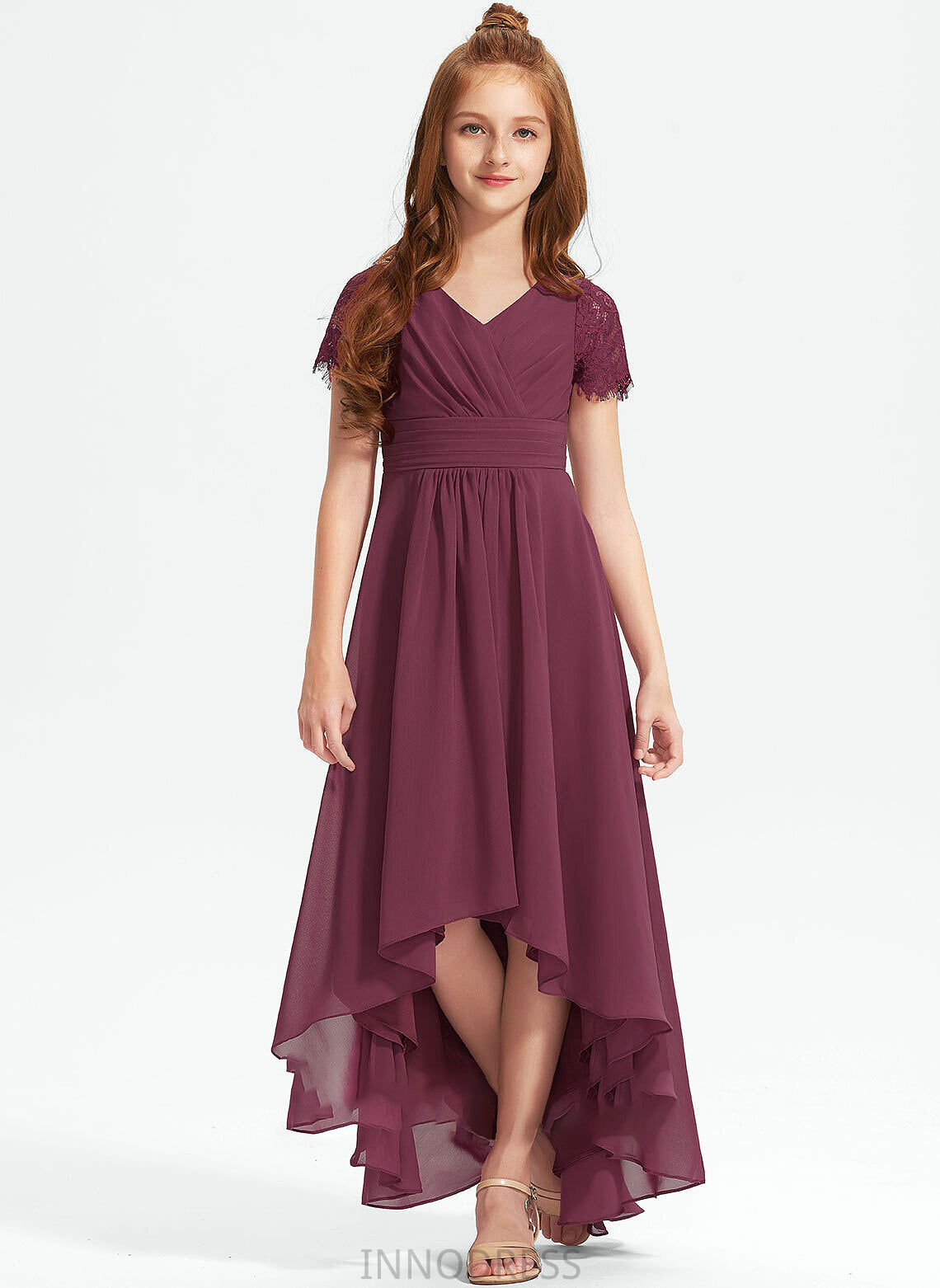 Asymmetrical With A-Line Chiffon Junior Bridesmaid Dresses Ruffle V-neck Lace Jaida