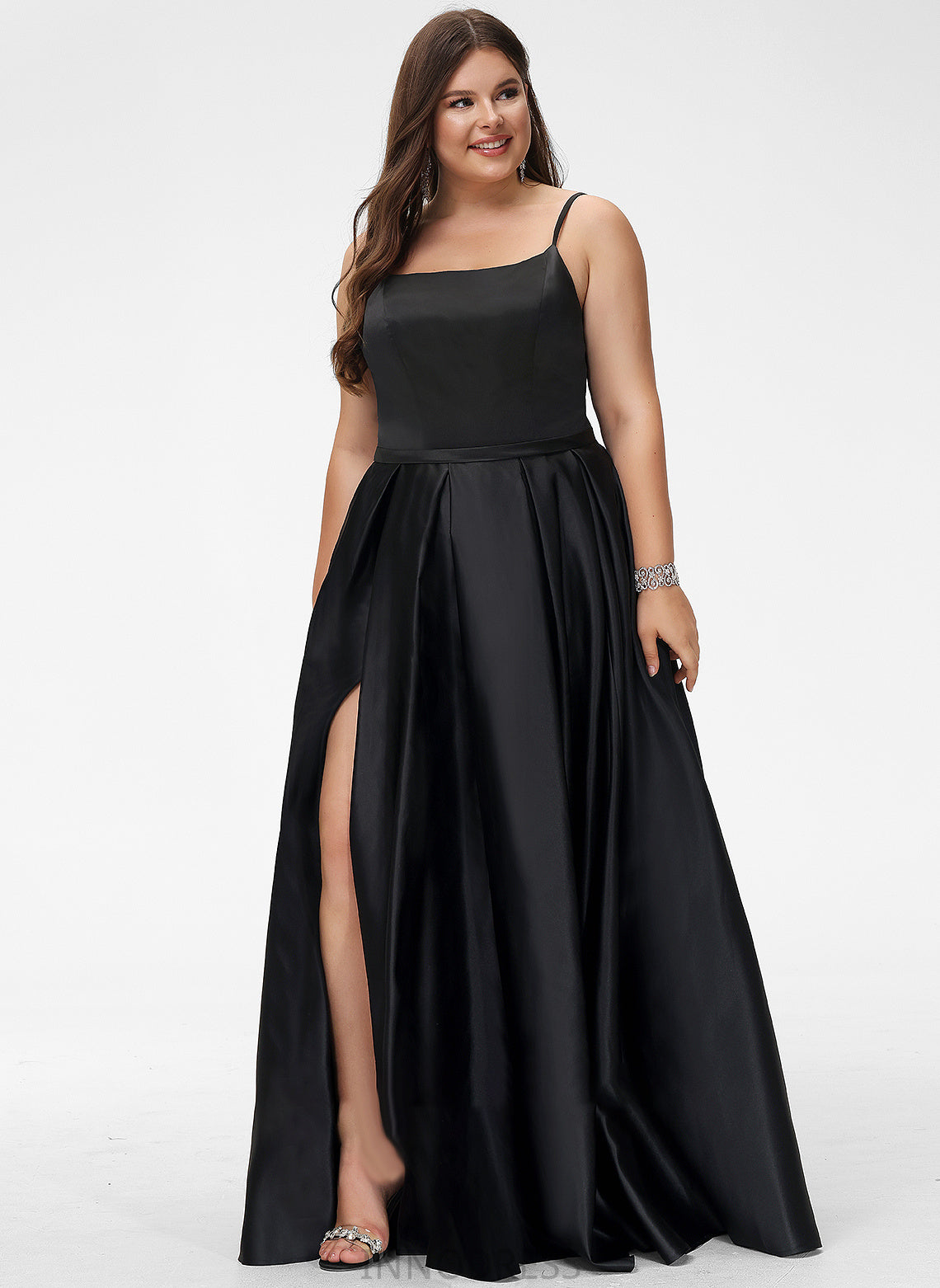 With Kylie Square Pockets Floor-Length Satin A-Line Neckline Split Prom Dresses Front