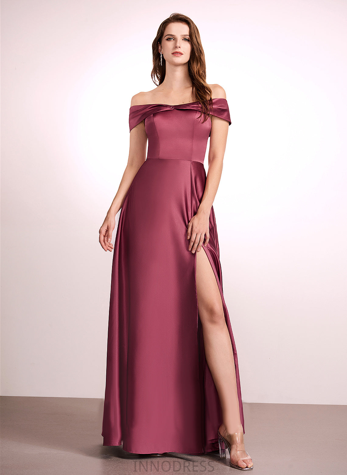 Floor-Length Length Off-the-Shoulder Silhouette SplitFront Fabric A-Line Neckline Embellishment Lina Taffeta Floor Length Bridesmaid Dresses