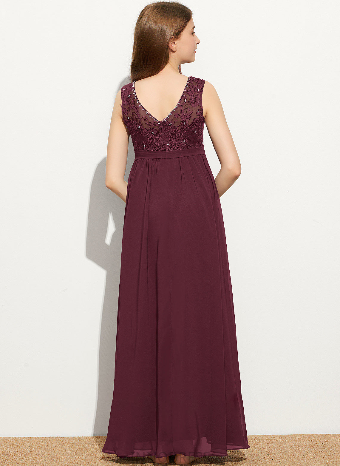 Scoop A-Line Neck Floor-Length Sequins With Lace Chiffon Heather Junior Bridesmaid Dresses Beading