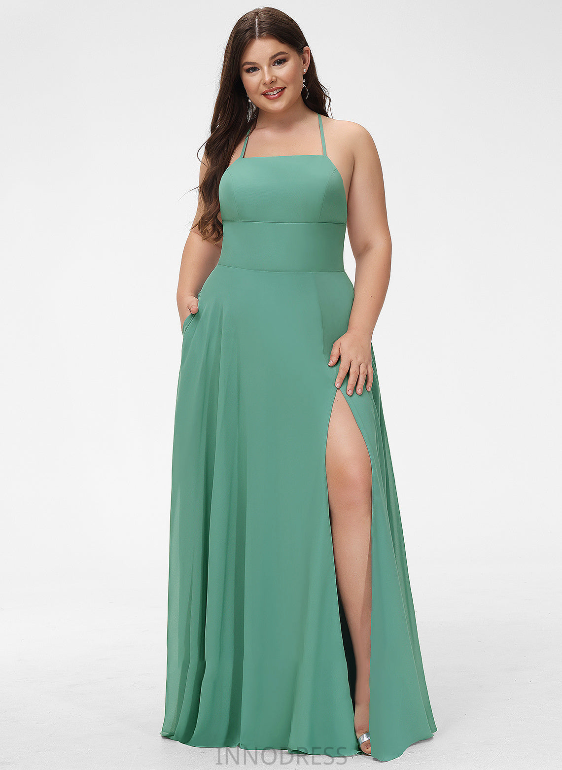 With Front A-Line Split Neckline Square Prom Dresses Floor-Length Pockets Joyce Chiffon