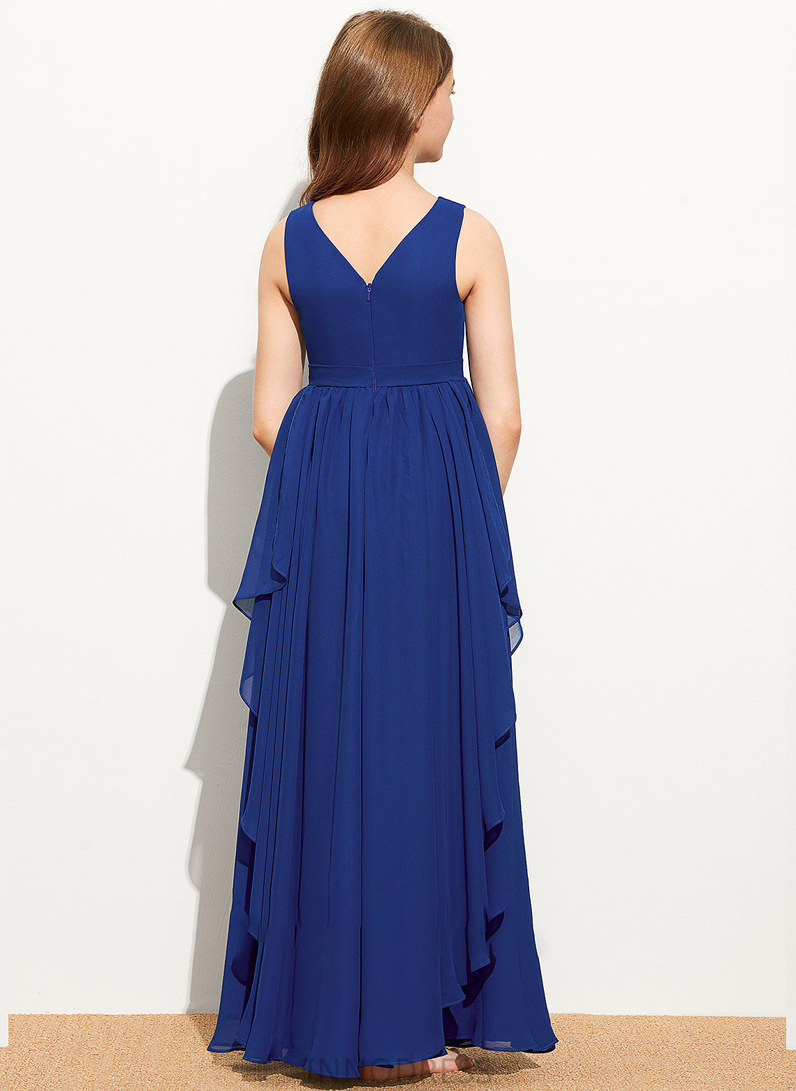 A-Line Junior Bridesmaid Dresses Ruffles Floor-Length V-neck Cascading With Chiffon Sydnee