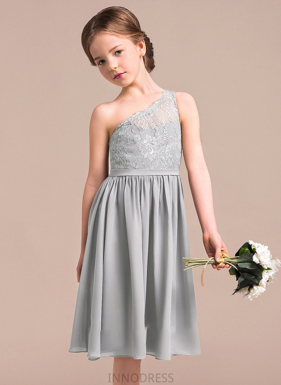 Arianna A-Line Lace Junior Bridesmaid Dresses One-Shoulder Chiffon Knee-Length